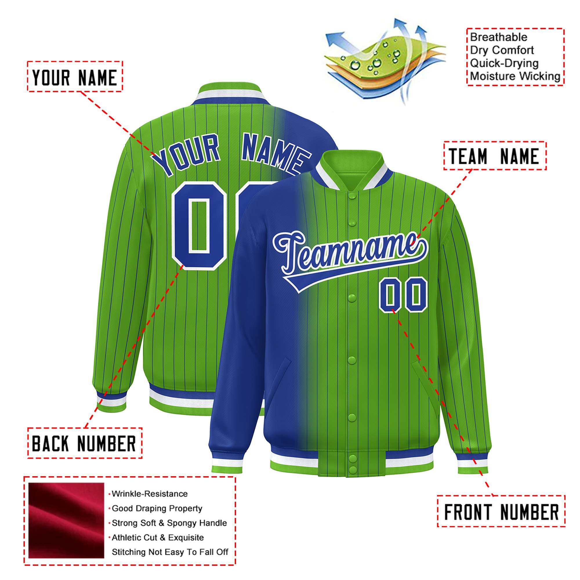 Custom Neon Green Royal-Blue Pinstripe White-Royal Blue Gradient Fashion Varsity Full-Snap Jacket