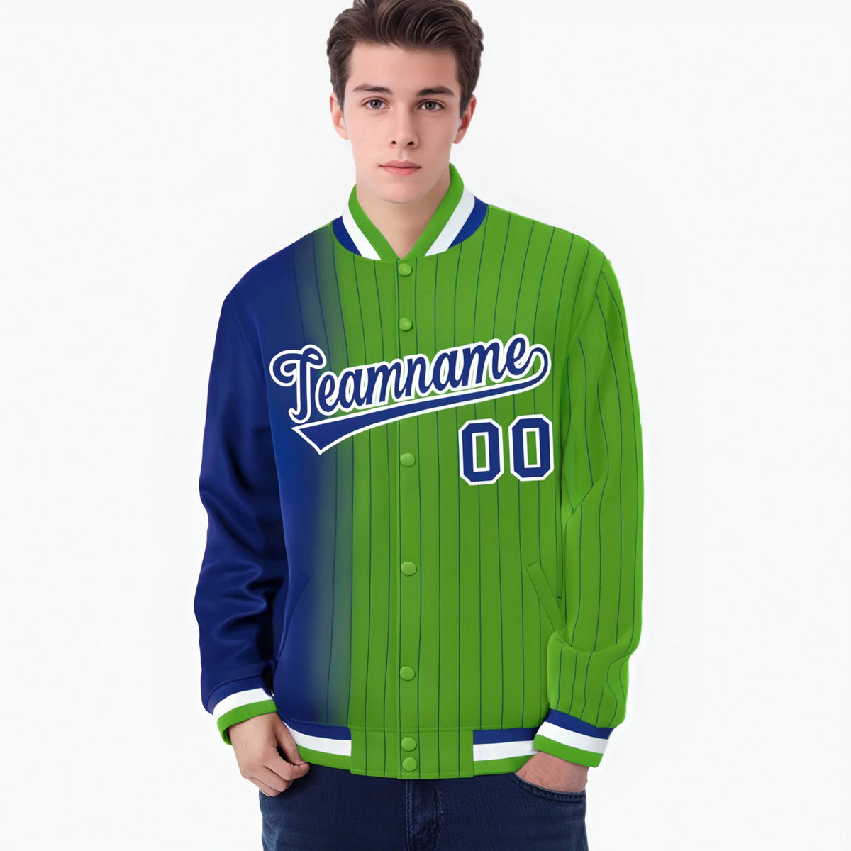Custom Neon Green Royal-Blue Pinstripe White-Royal Blue Gradient Fashion Varsity Full-Snap Jacket