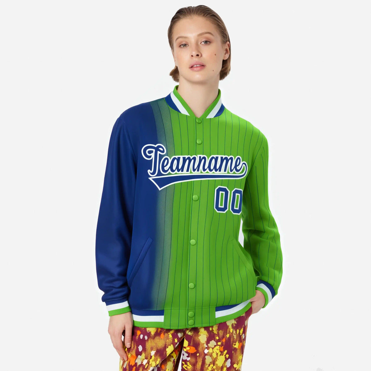 Custom Neon Green Royal-Blue Pinstripe White-Royal Blue Gradient Fashion Varsity Full-Snap Jacket