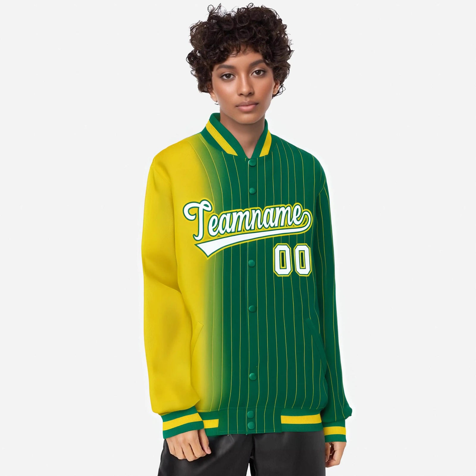 Custom Kelly Green Gold Pinstripe White-Gold Gradient Fashion Varsity Full-Snap Jacket