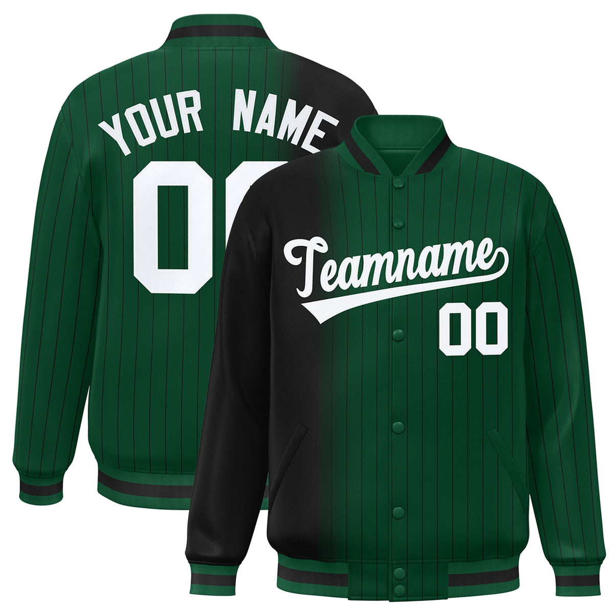 Custom Green Black Pinstripe White-Black Gradient Fashion Varsity Full-Snap Jacket