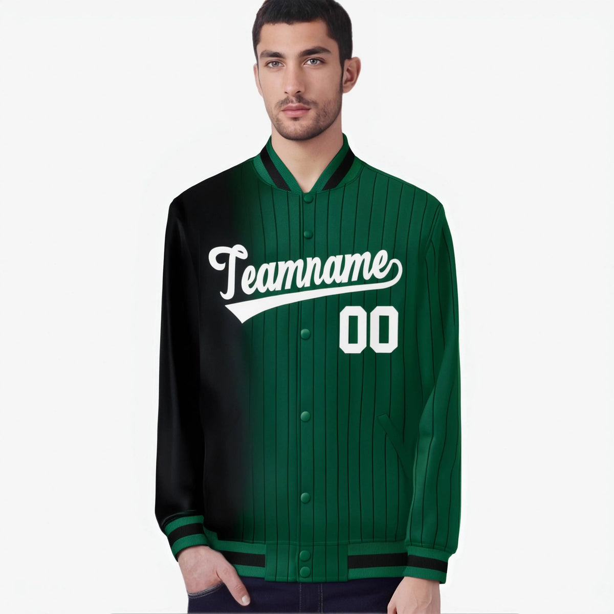 Custom Green Black Pinstripe White-Black Gradient Fashion Varsity Full-Snap Jacket