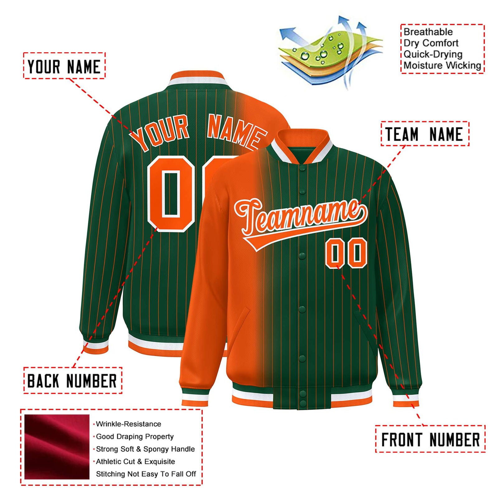 Custom Green Orange Pinstripe White-Orange Gradient Fashion Varsity Full-Snap Jacket
