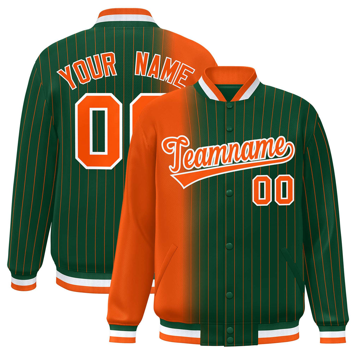 Custom Green Orange Pinstripe White-Orange Gradient Fashion Varsity Full-Snap Jacket