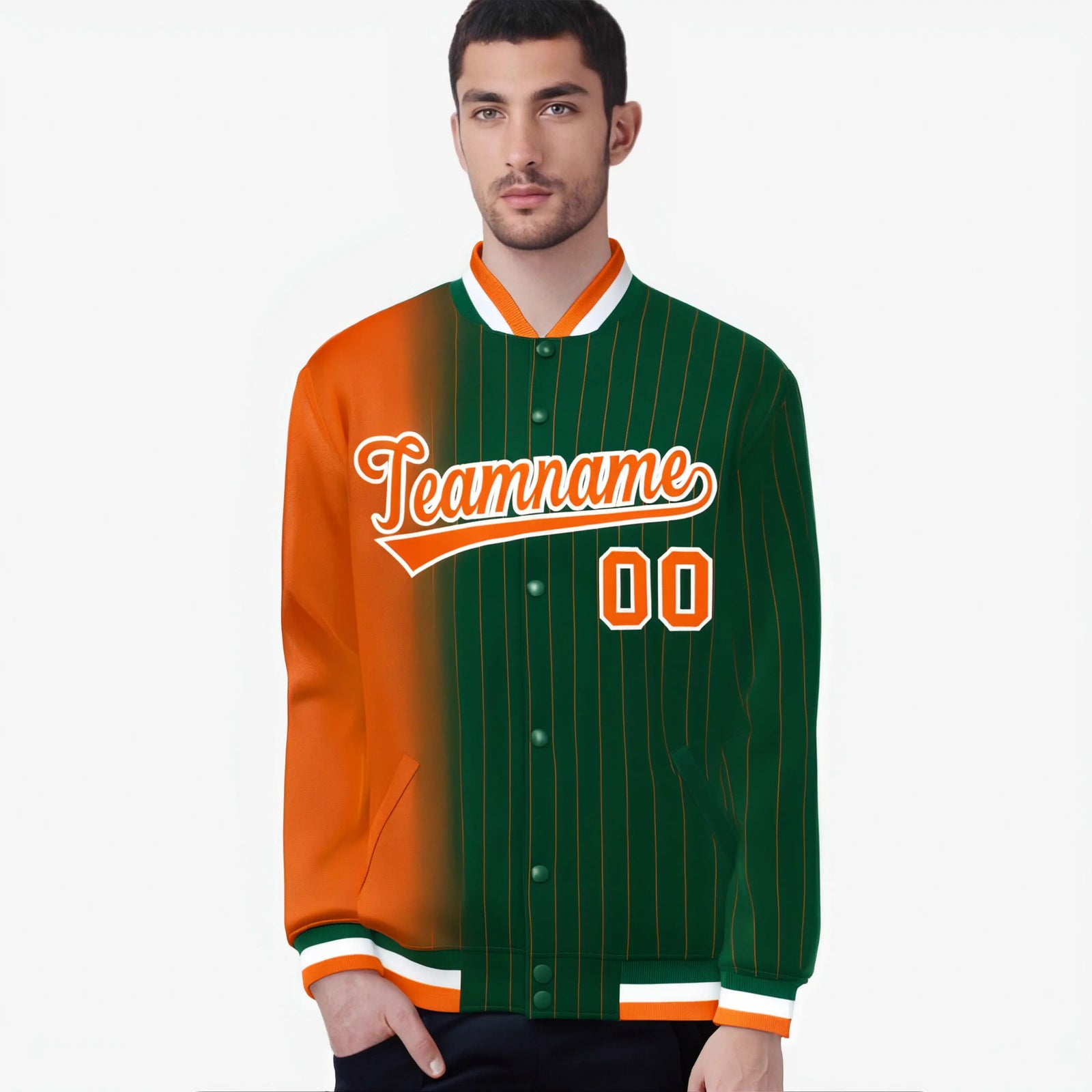 Custom Green Orange Pinstripe White-Orange Gradient Fashion Varsity Full-Snap Jacket