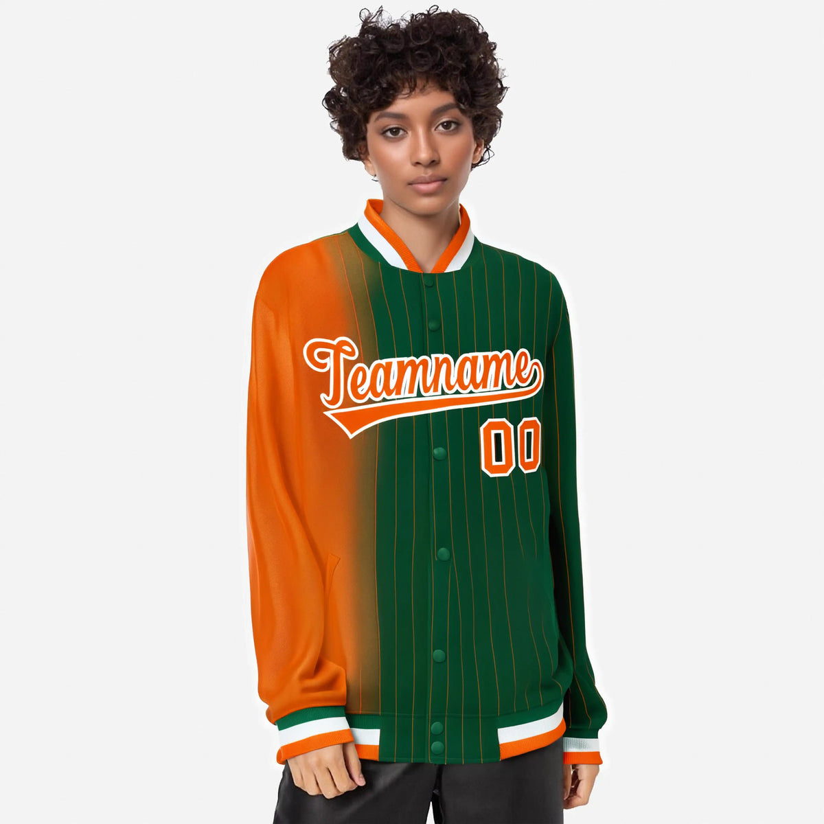Custom Green Orange Pinstripe White-Orange Gradient Fashion Varsity Full-Snap Jacket