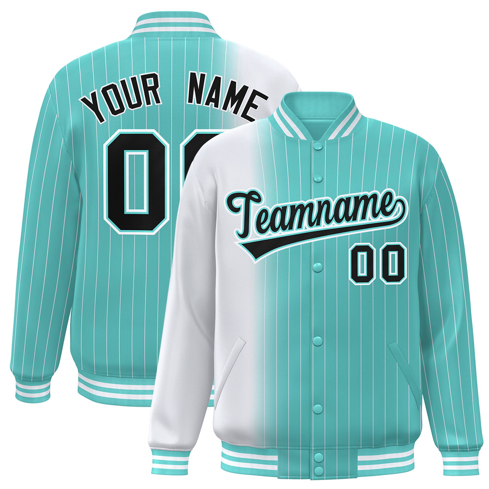 Custom Aqua White Pinstripe Black-White Gradient Fashion Varsity Full-Snap Jacket