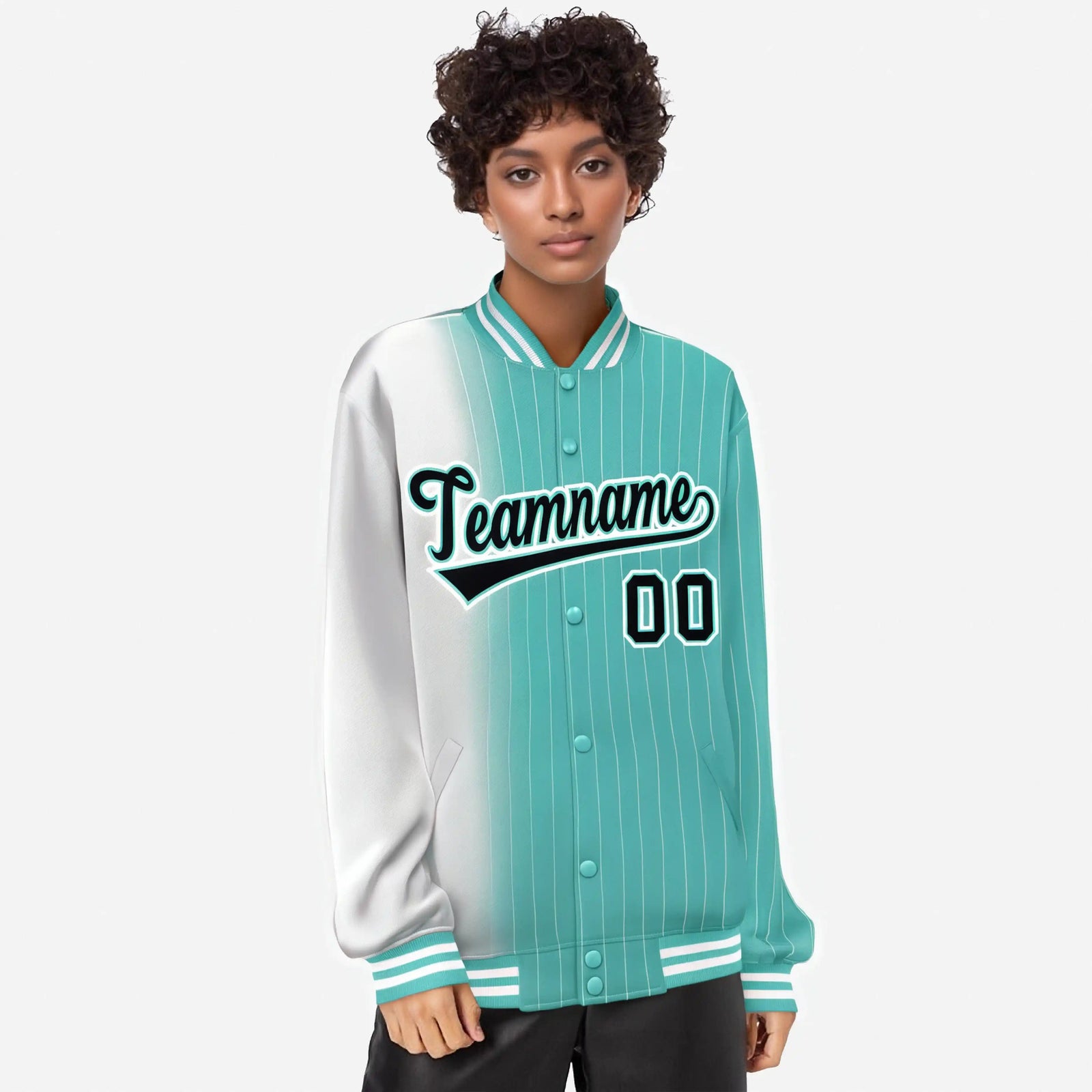 Custom Aqua White Pinstripe Black-White Gradient Fashion Varsity Full-Snap Jacket