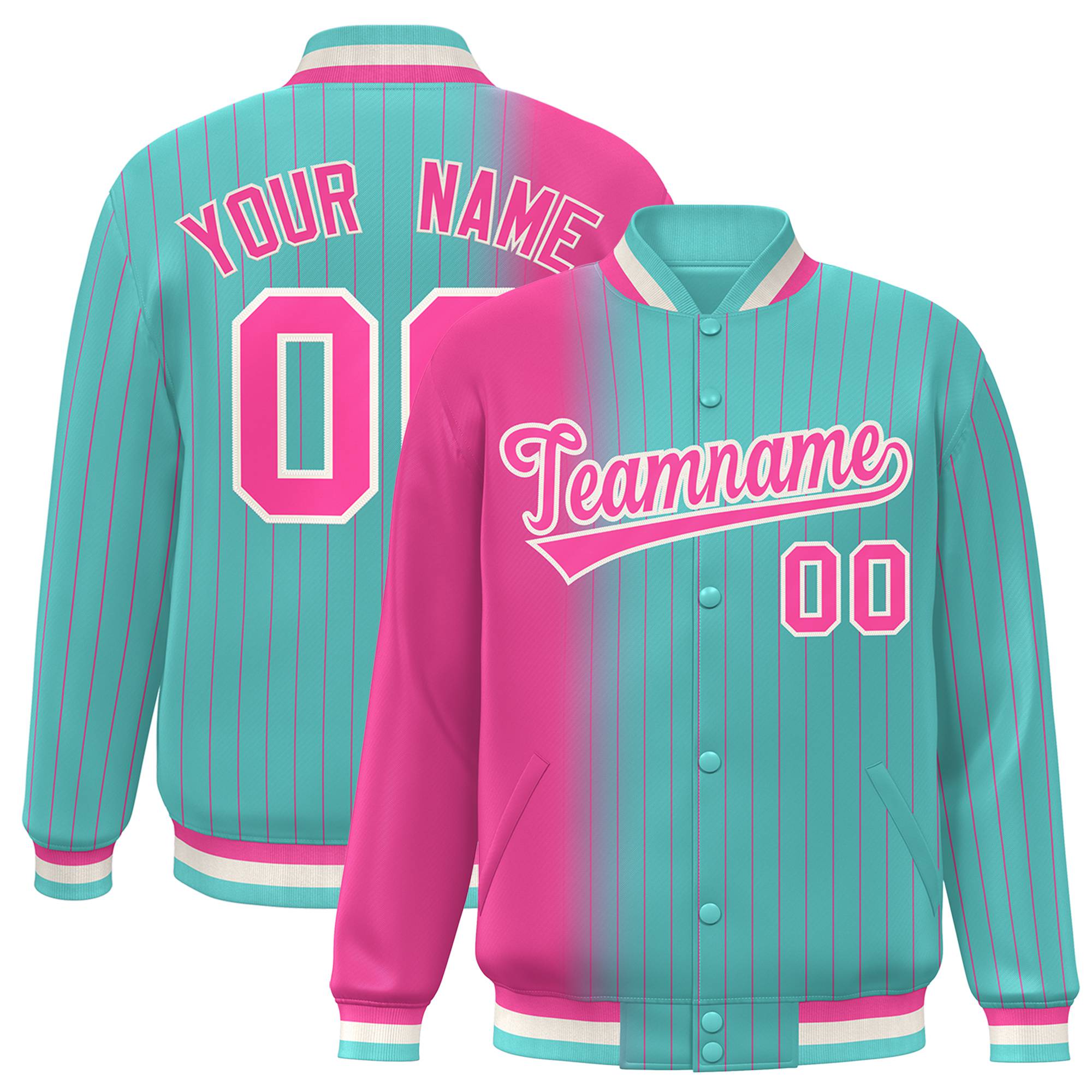 Custom Aqua Pink Pinstripe White-Pink Gradient Fashion Varsity Full-Snap Jacket