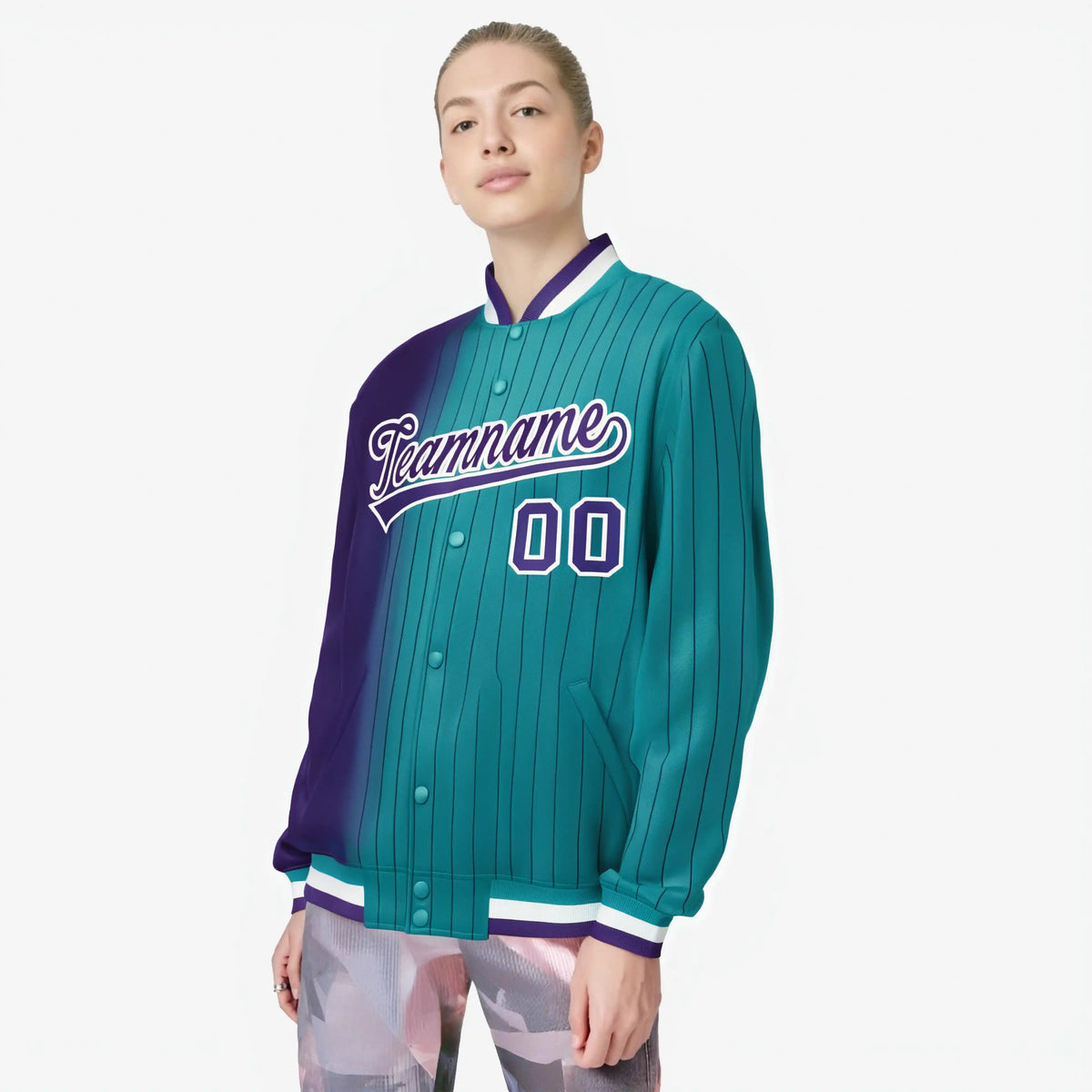 Custom Aqua Purple Pinstripe White-Purple Gradient Fashion Varsity Full-Snap Jacket