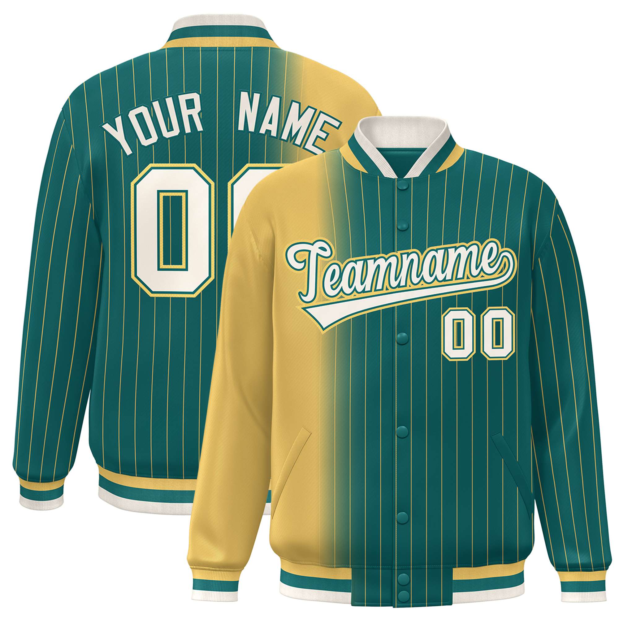 Custom Aqua Old-Gold Pinstripe White-Old Gold Gradient Fashion Varsity Full-Snap Jacket