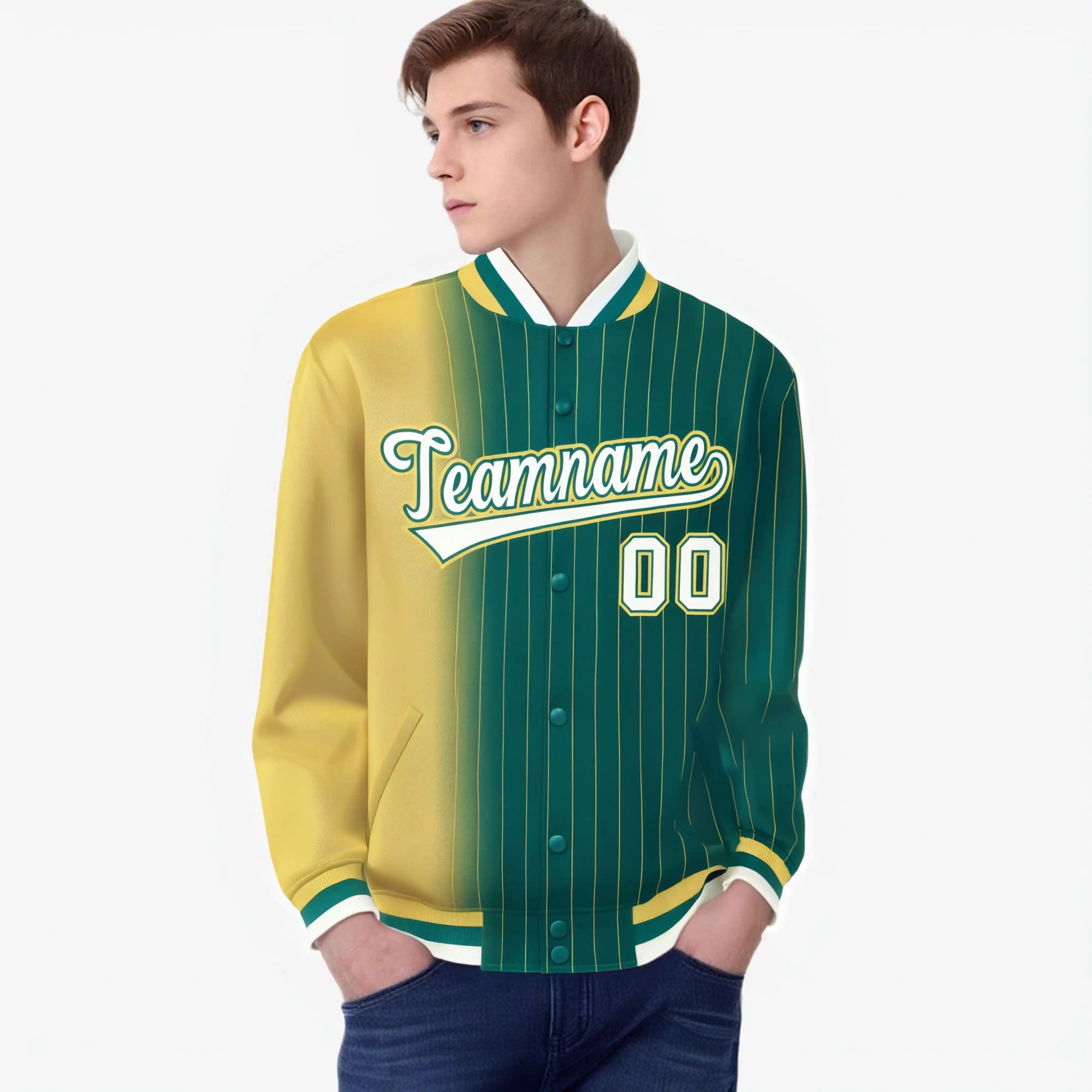 Custom Aqua Old-Gold Pinstripe White-Old Gold Gradient Fashion Varsity Full-Snap Jacket