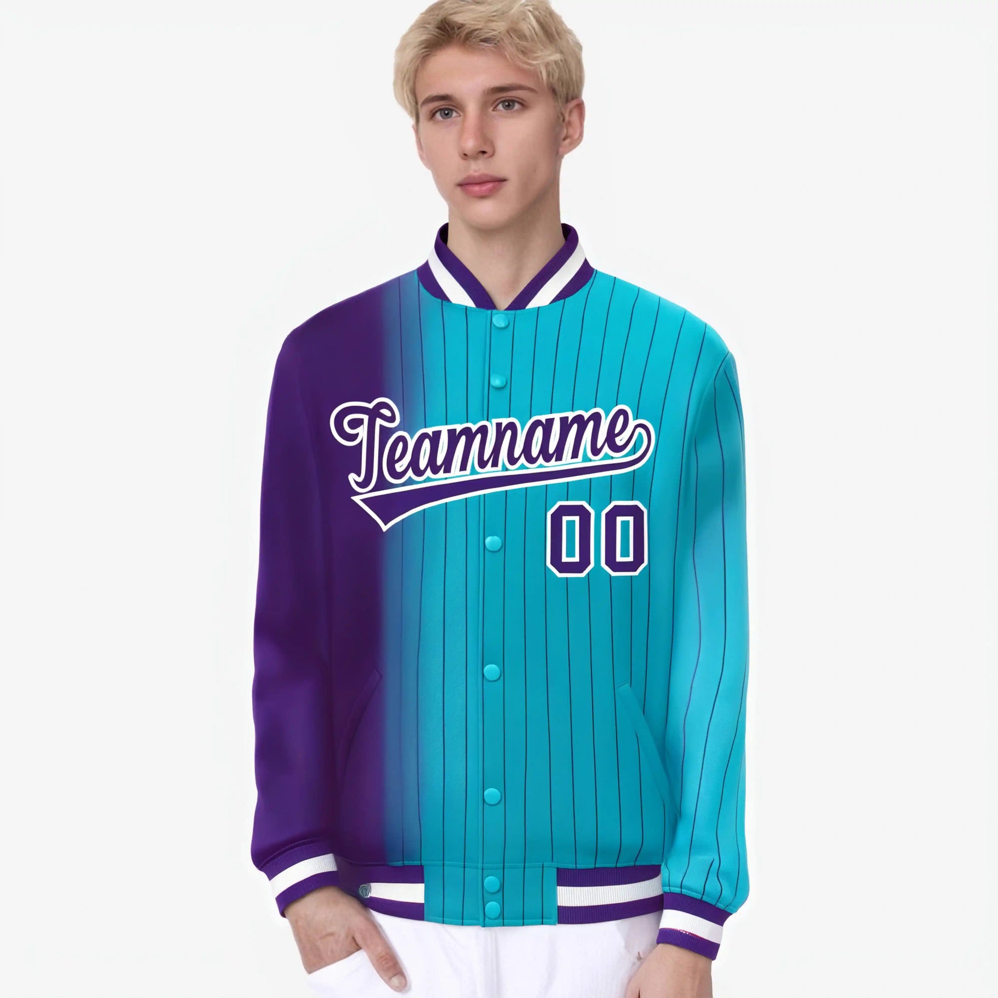 Custom Aqua Purple Pinstripe White-Purple Gradient Fashion Varsity Full-Snap Jacket