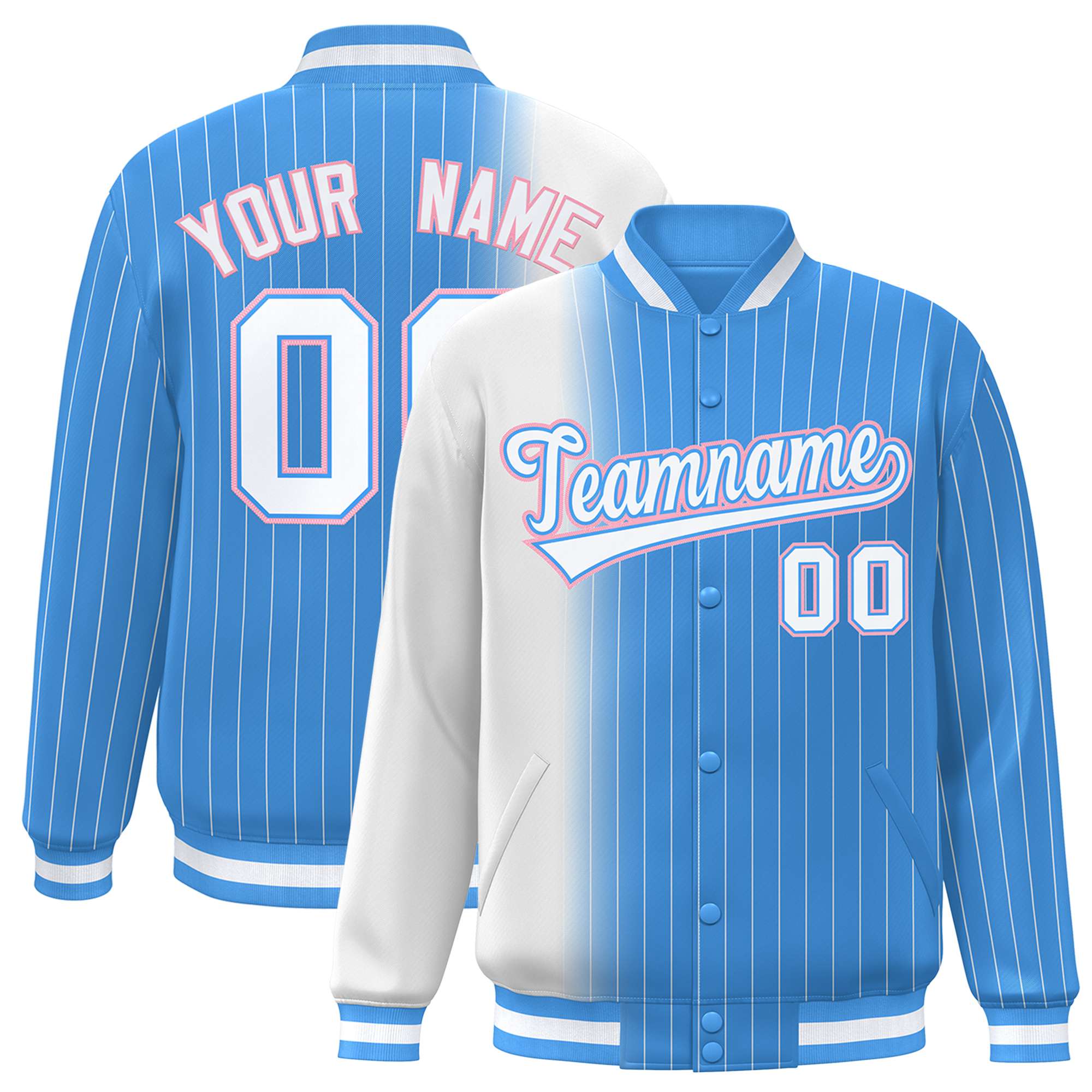 Custom Powder Blue White Pinstripe Powder Blue-White Gradient Fashion Varsity Full-Snap Jacket