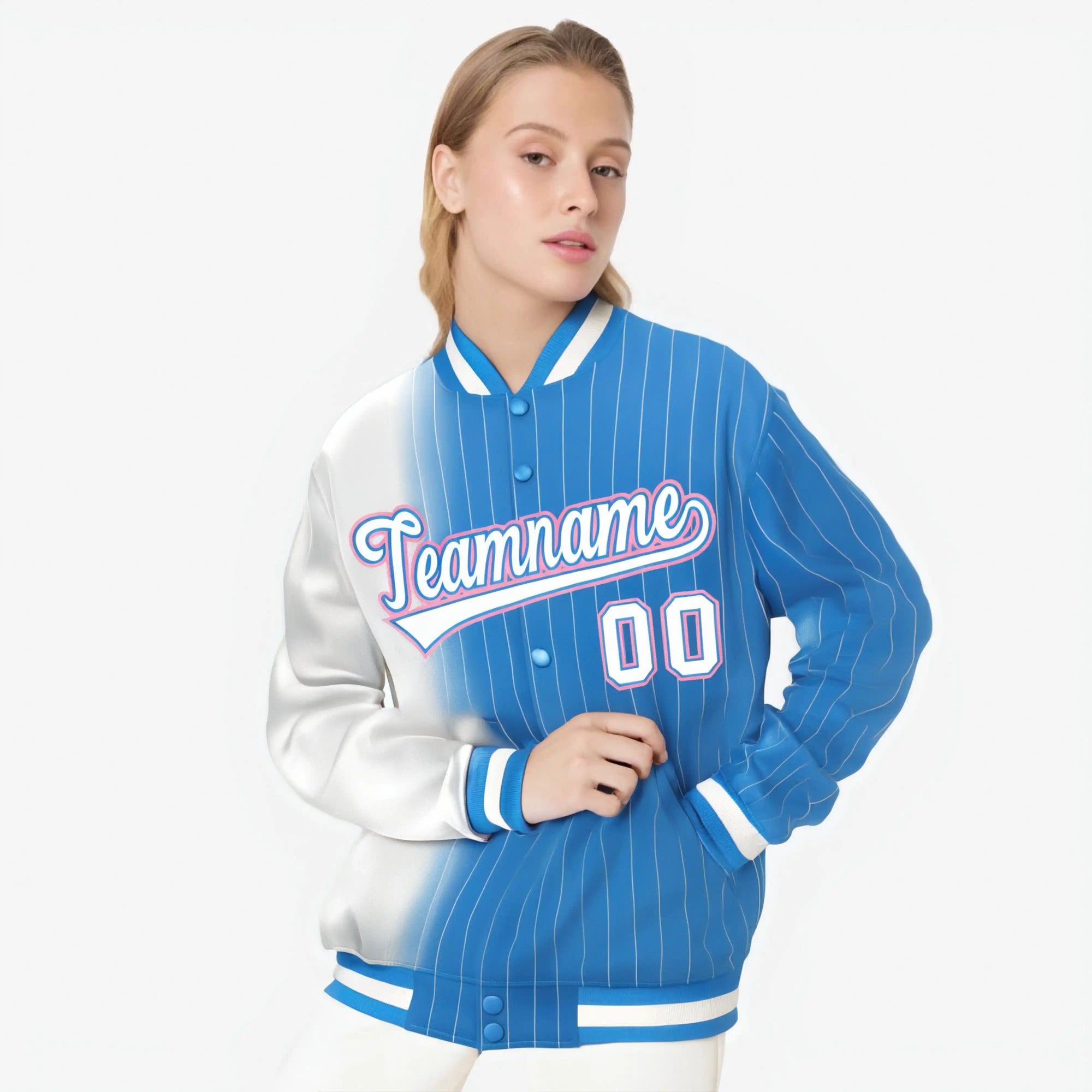 Custom Powder Blue White Pinstripe Powder Blue-White Gradient Fashion Varsity Full-Snap Jacket