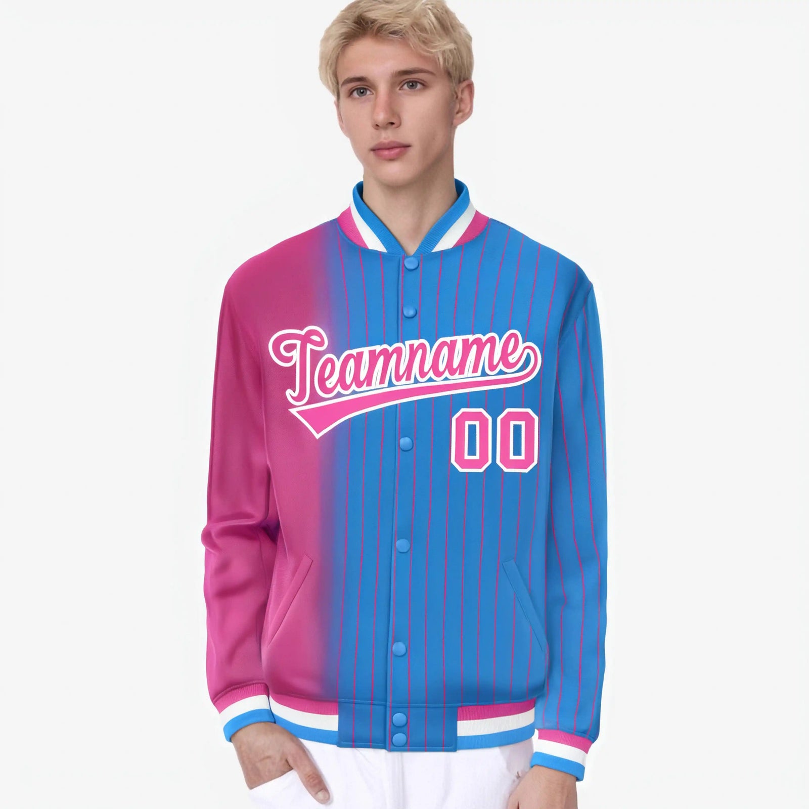 Custom Powder Blue Pink Pinstripe White-Pink Gradient Fashion Varsity Full-Snap Jacket