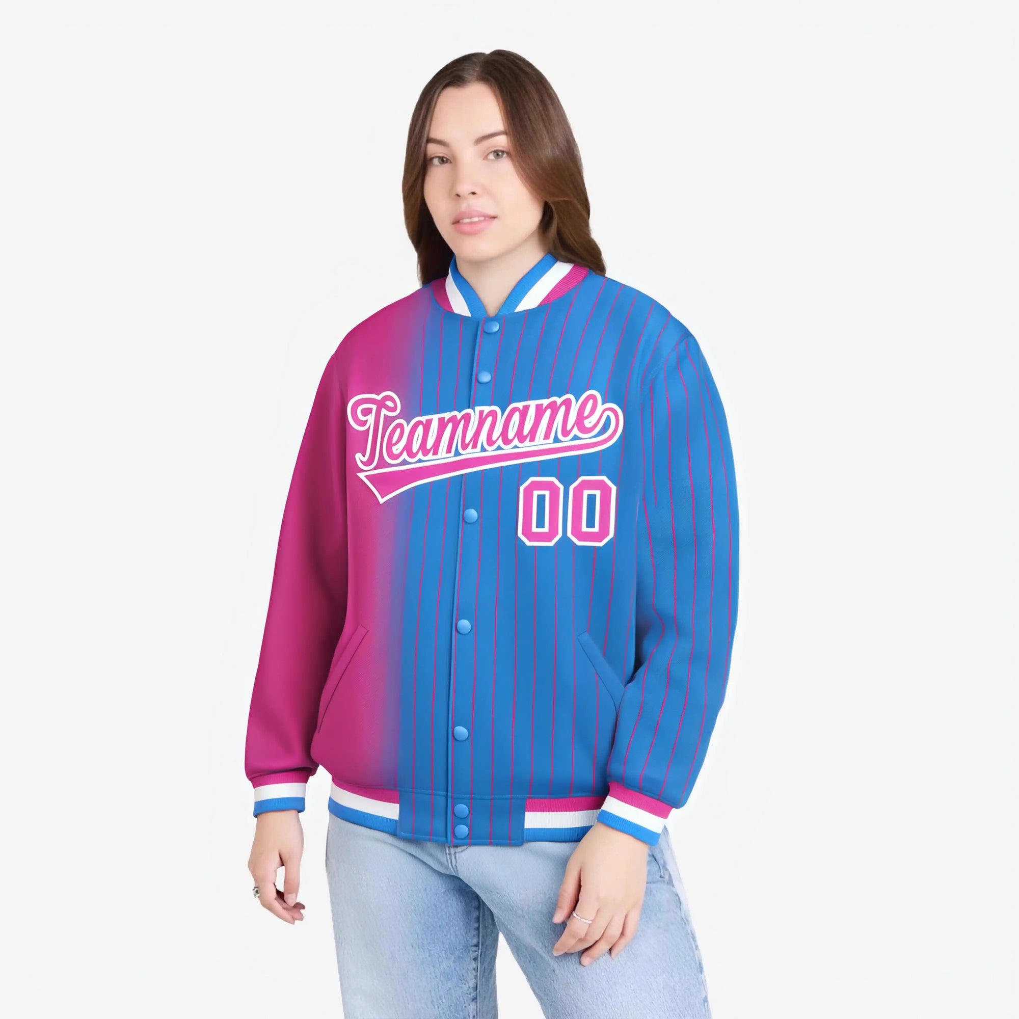 Custom Powder Blue Pink Pinstripe White-Pink Gradient Fashion Varsity Full-Snap Jacket