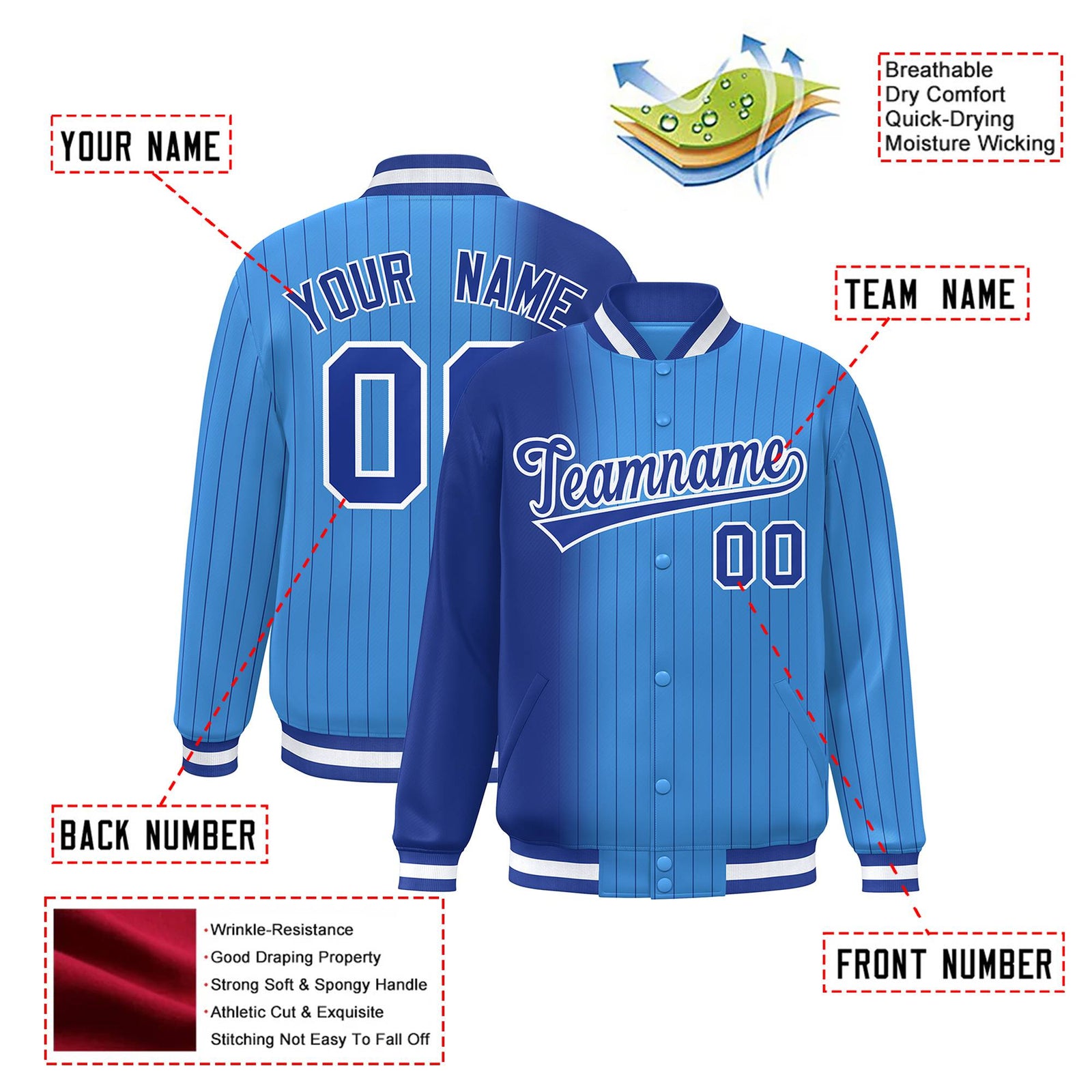 Custom Powder Blue Royal-Blue Pinstripe White-Royal Blue Gradient Fashion Varsity Full-Snap Jacket