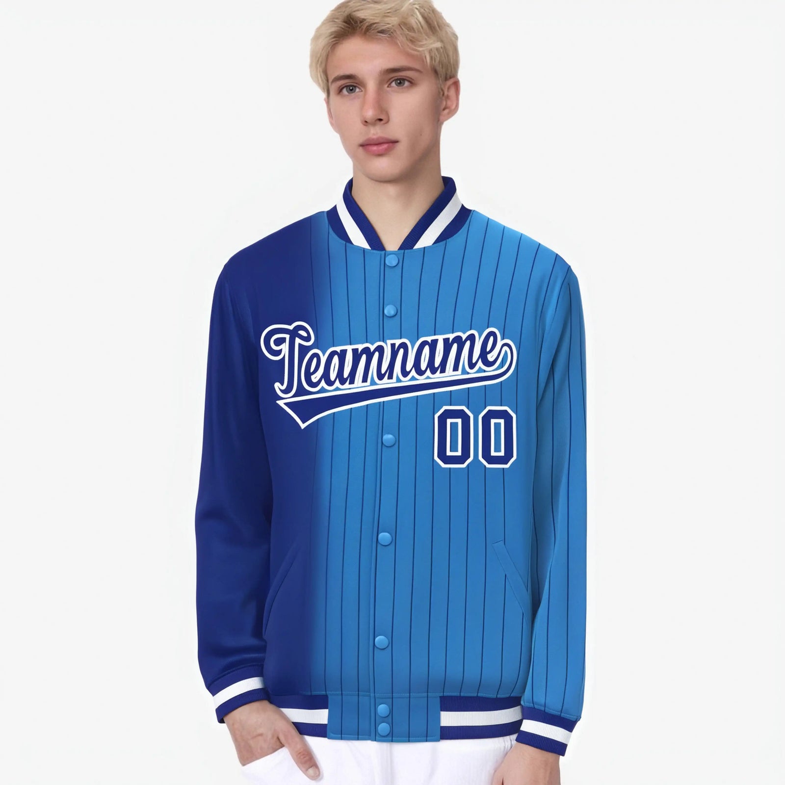 Custom Powder Blue Royal-Blue Pinstripe White-Royal Blue Gradient Fashion Varsity Full-Snap Jacket