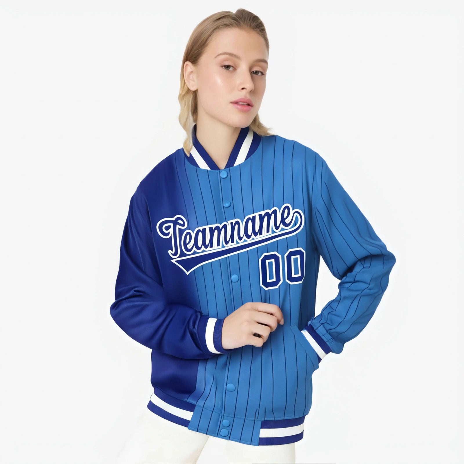 Custom Powder Blue Royal-Blue Pinstripe White-Royal Blue Gradient Fashion Varsity Full-Snap Jacket
