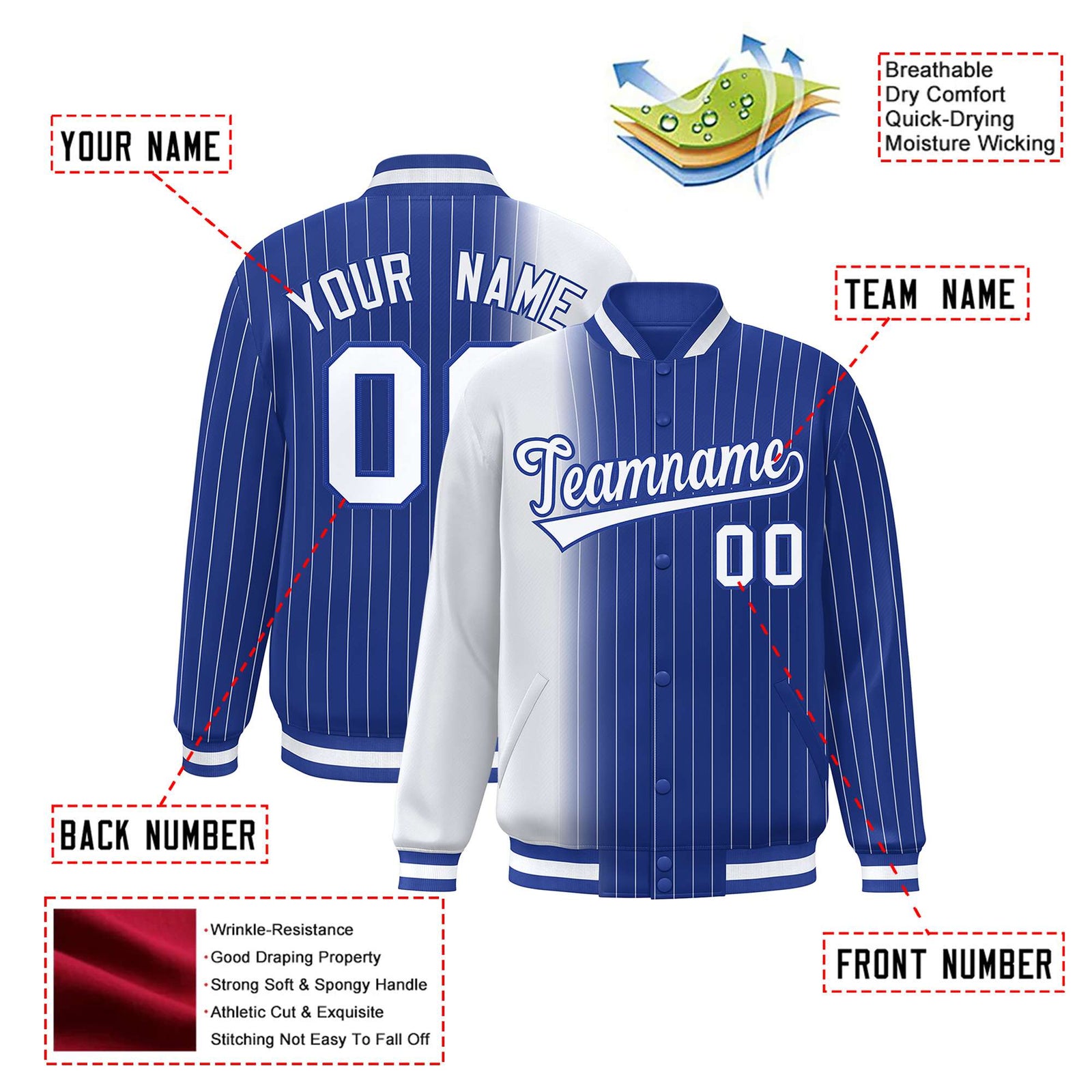 Custom Royal Blue White Pinstripe Royal Blue-White Gradient Fashion Varsity Full-Snap Jacket