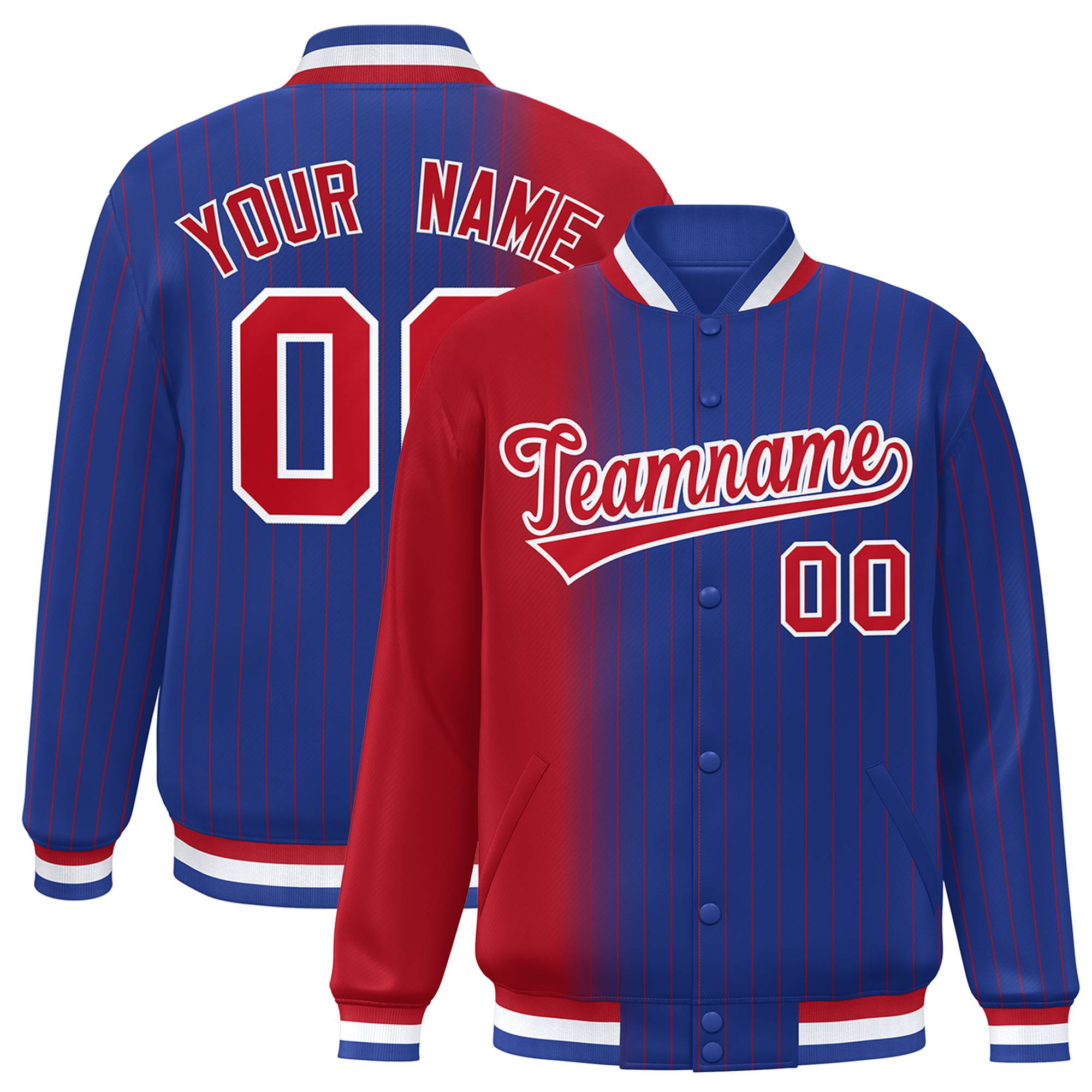 Custom Royal Blue Red Pinstripe White-Red Gradient Fashion Varsity Full-Snap Jacket