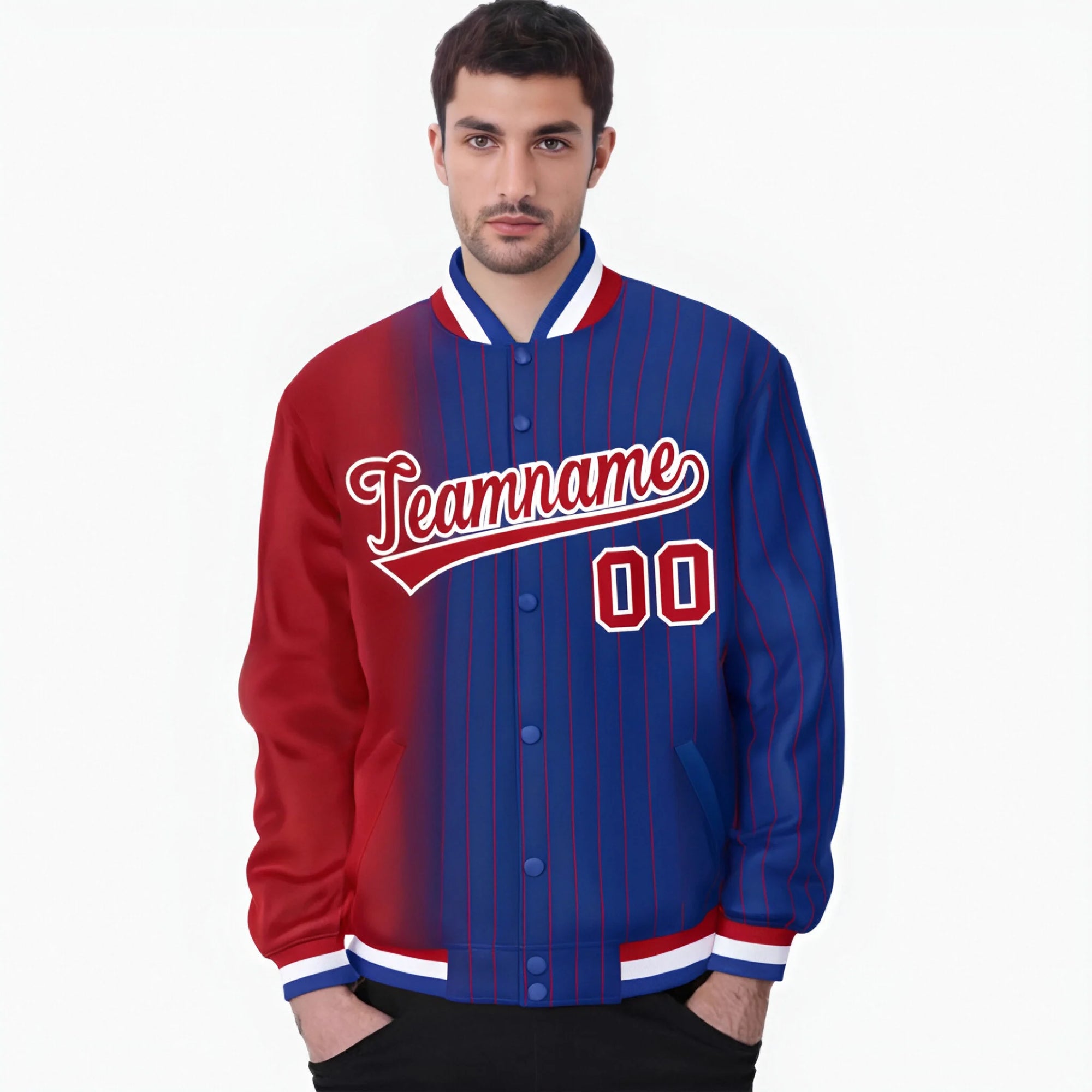 Custom Royal Blue Red Pinstripe White-Red Gradient Fashion Varsity Full-Snap Jacket