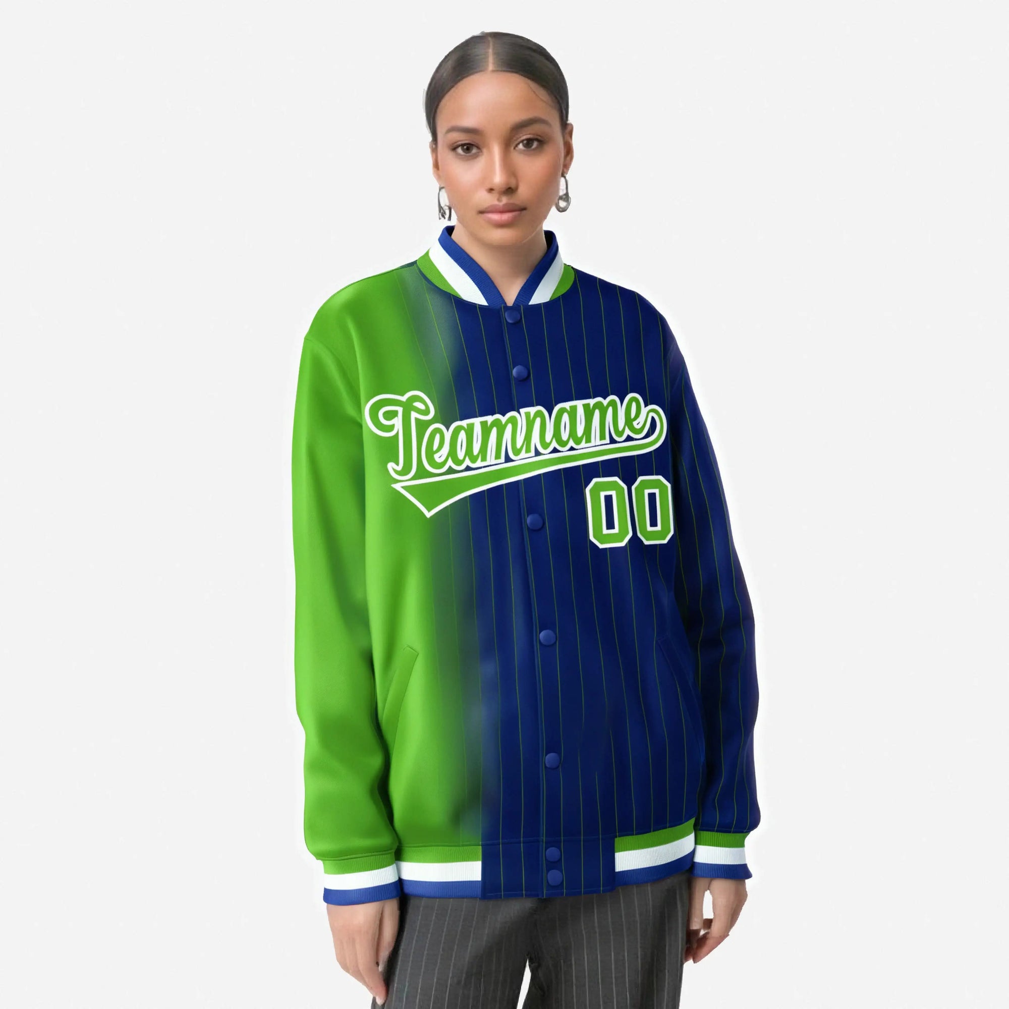 Custom Royal Blue Neon-Green Pinstripe White-Neon Green Gradient Fashion Varsity Full-Snap Jacket