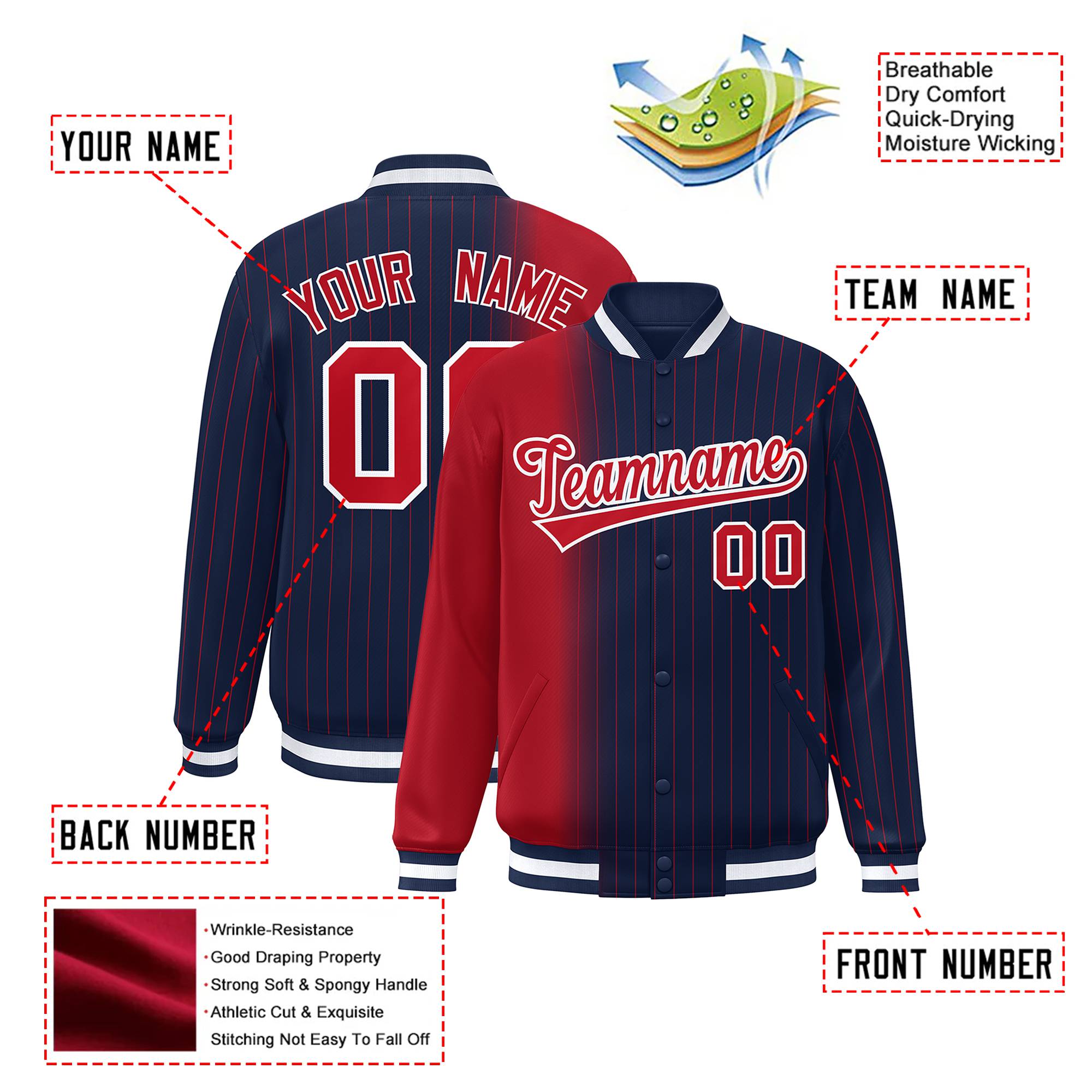 Custom Navy Red Pinstripe White-Red Gradient Fashion Varsity Full-Snap Jacket