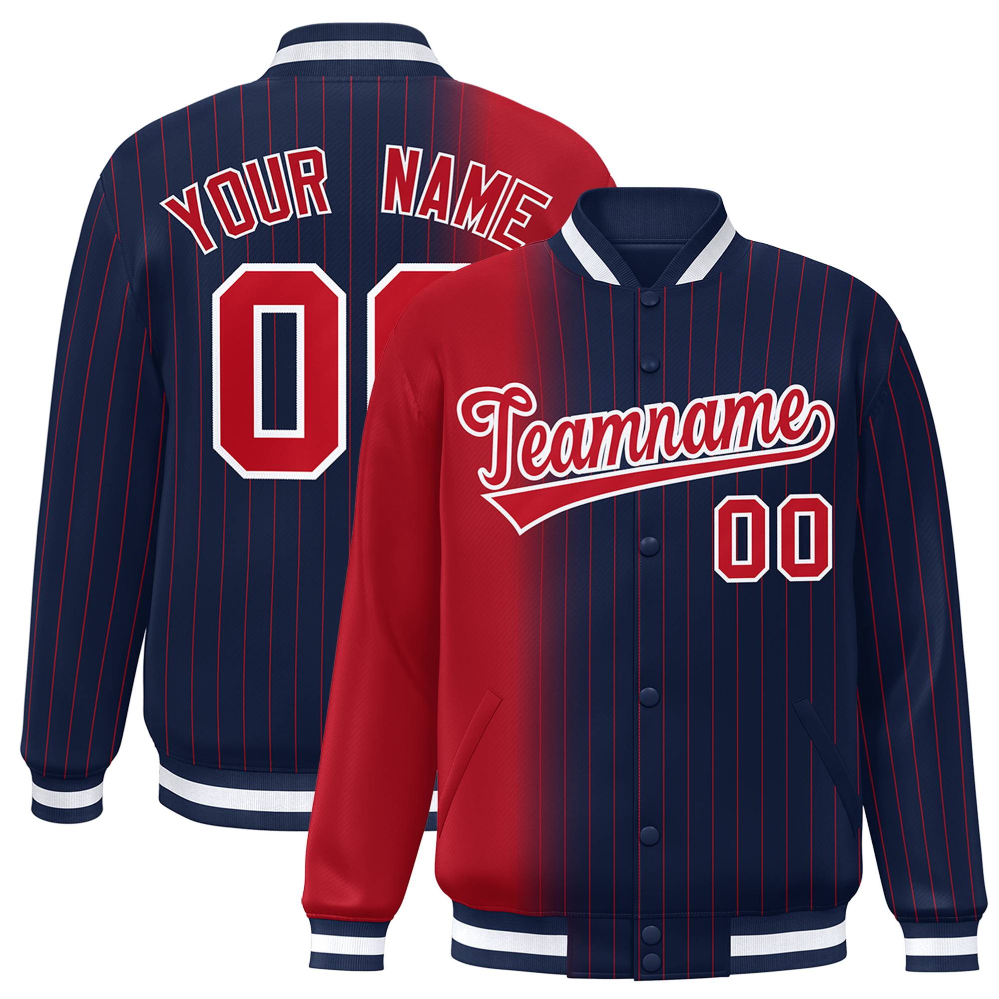 Custom Navy Red Pinstripe White-Red Gradient Fashion Varsity Full-Snap Jacket