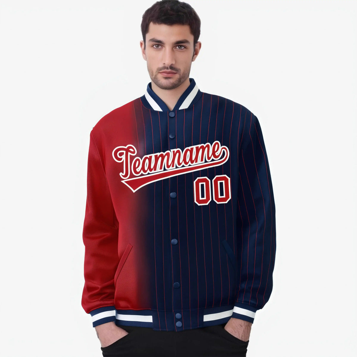 Custom Navy Red Pinstripe White-Red Gradient Fashion Varsity Full-Snap Jacket