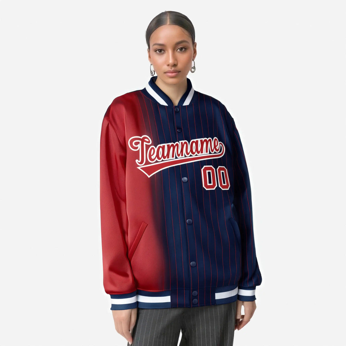Custom Navy Red Pinstripe White-Red Gradient Fashion Varsity Full-Snap Jacket