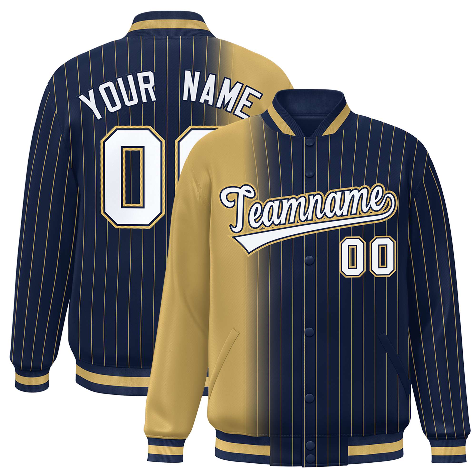 Custom Navy Khaki Pinstripe White-Khaki Gradient Fashion Varsity Full-Snap Jacket