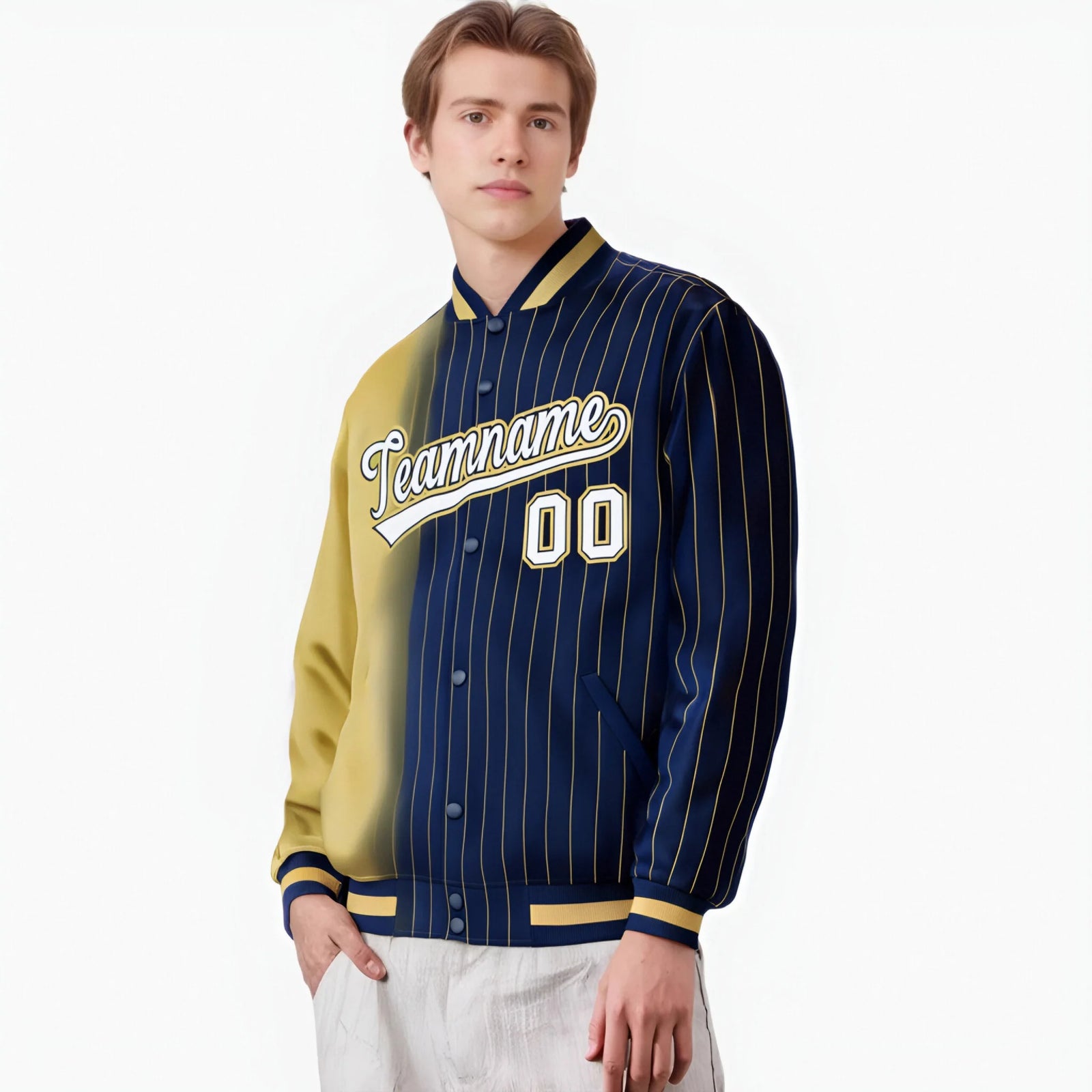 Custom Navy Khaki Pinstripe White-Khaki Gradient Fashion Varsity Full-Snap Jacket