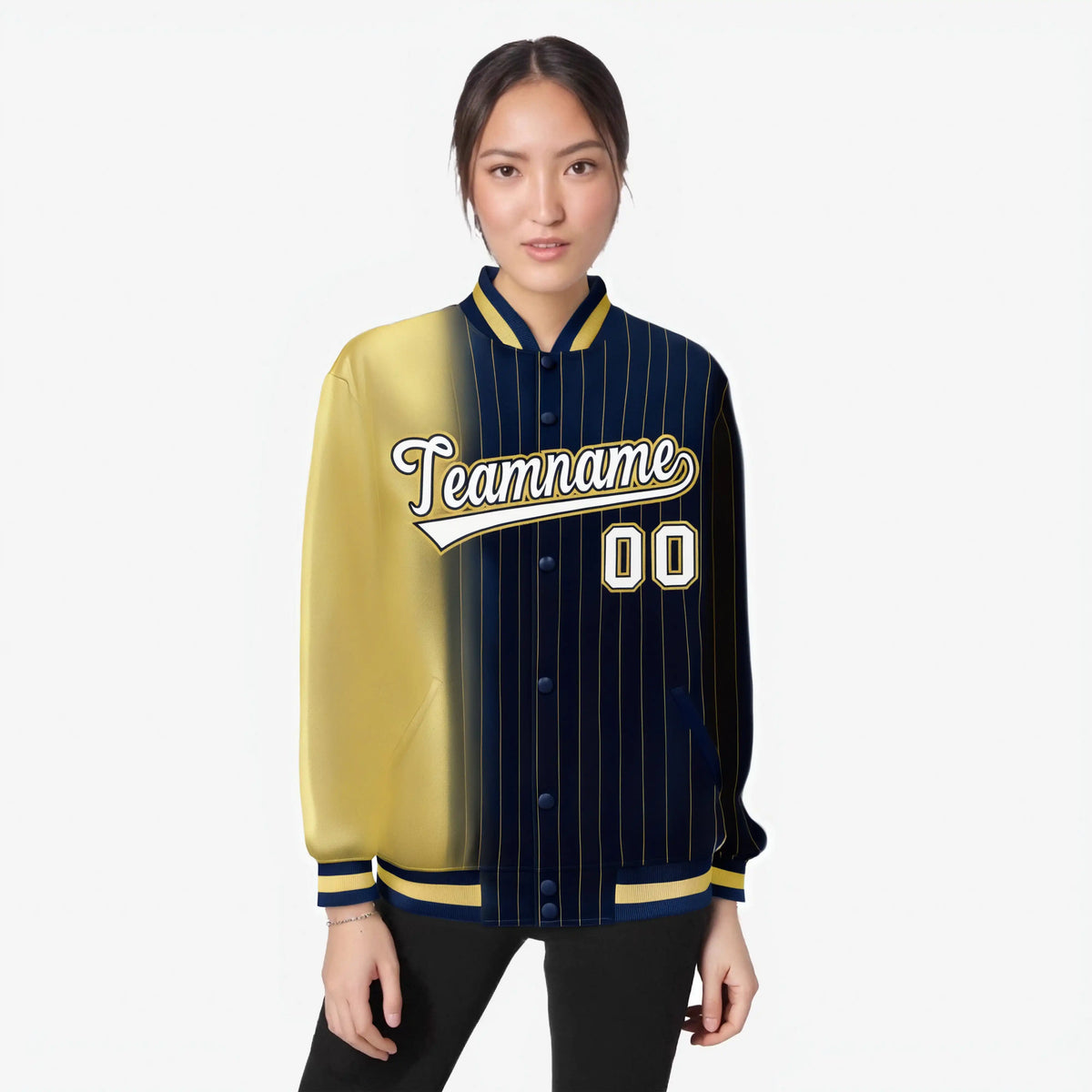 Custom Navy Khaki Pinstripe White-Khaki Gradient Fashion Varsity Full-Snap Jacket