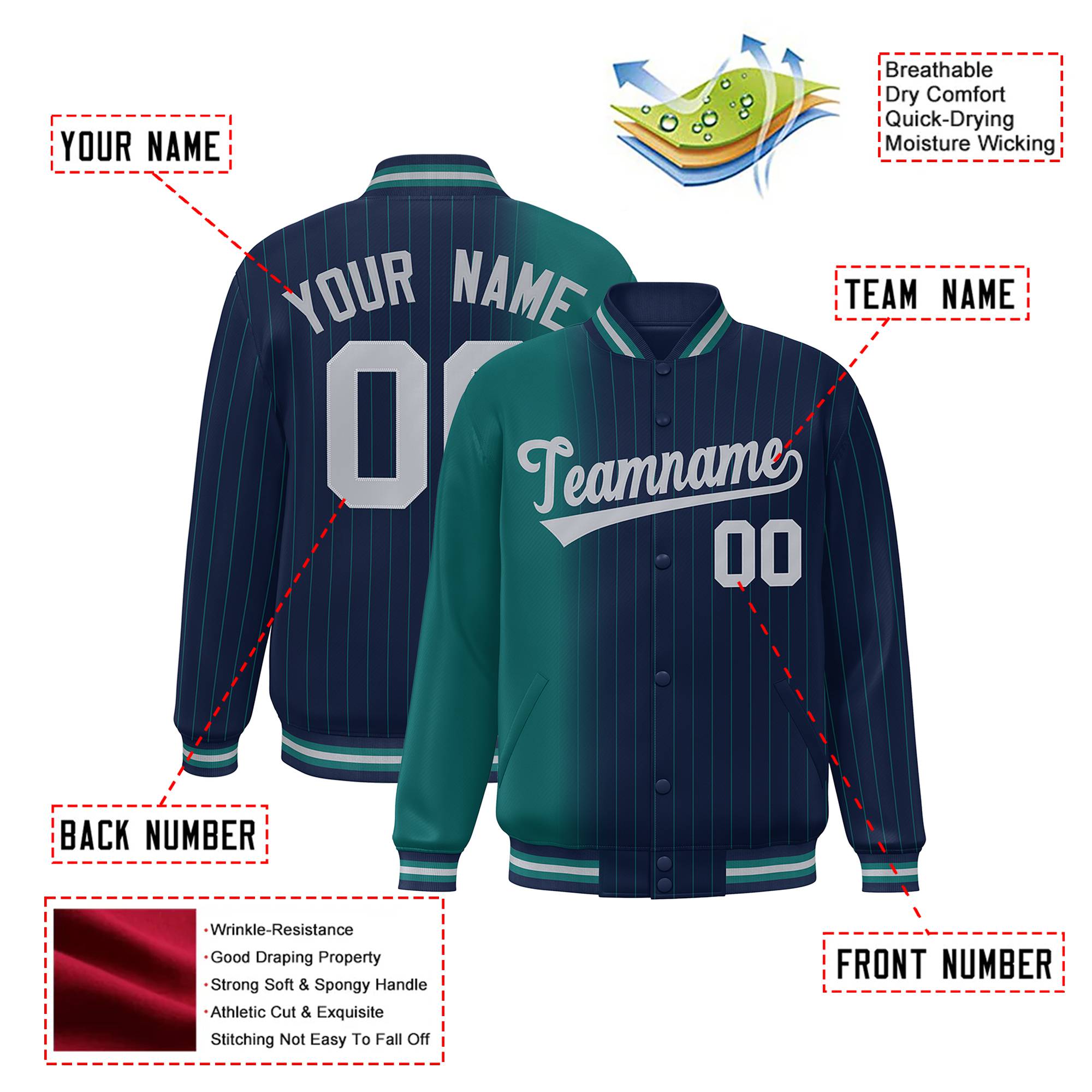 Custom Navy Aqua Pinstripe Gray-Aqua Gradient Fashion Varsity Full-Snap Jacket