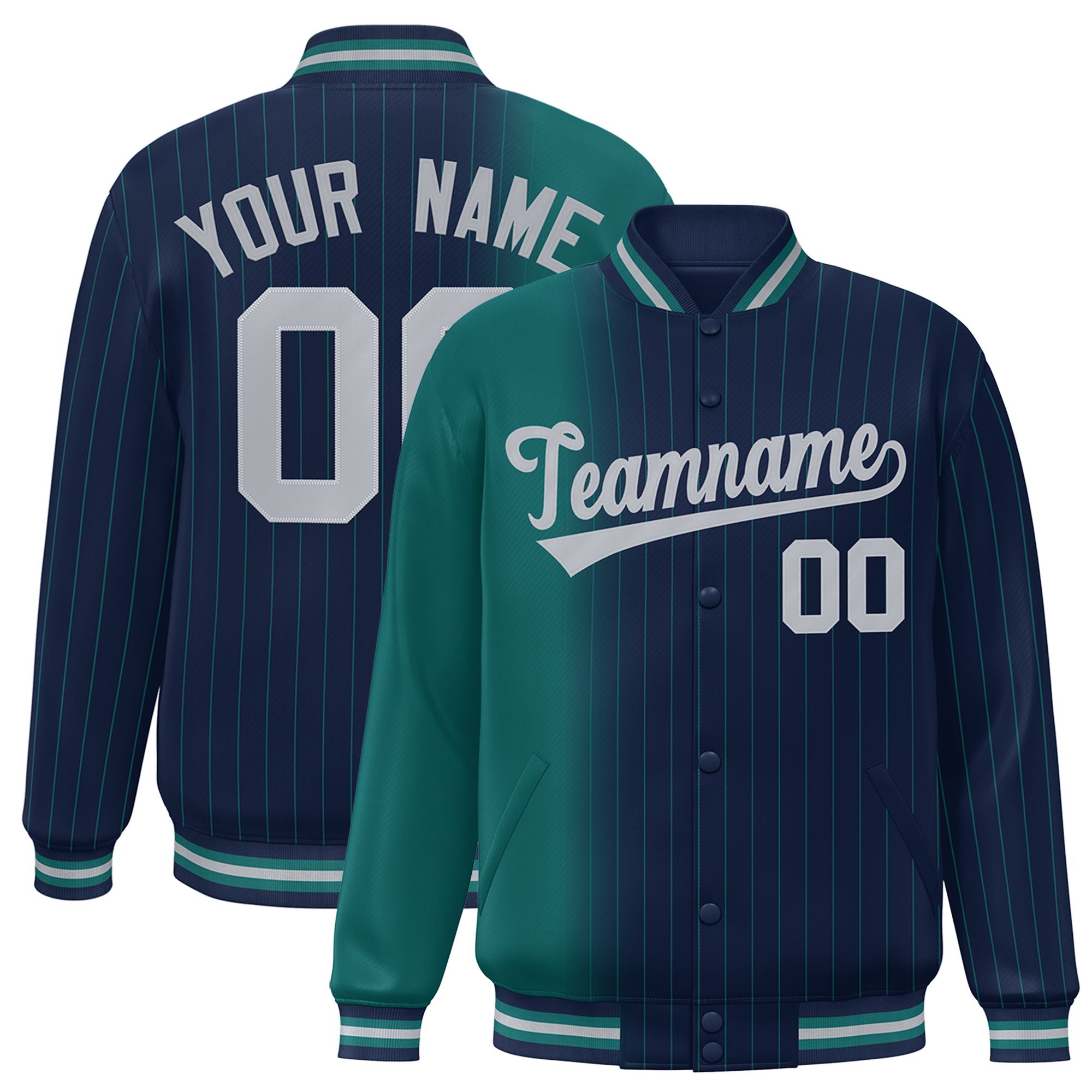 Custom Navy Aqua Pinstripe Gray-Aqua Gradient Fashion Varsity Full-Snap Jacket