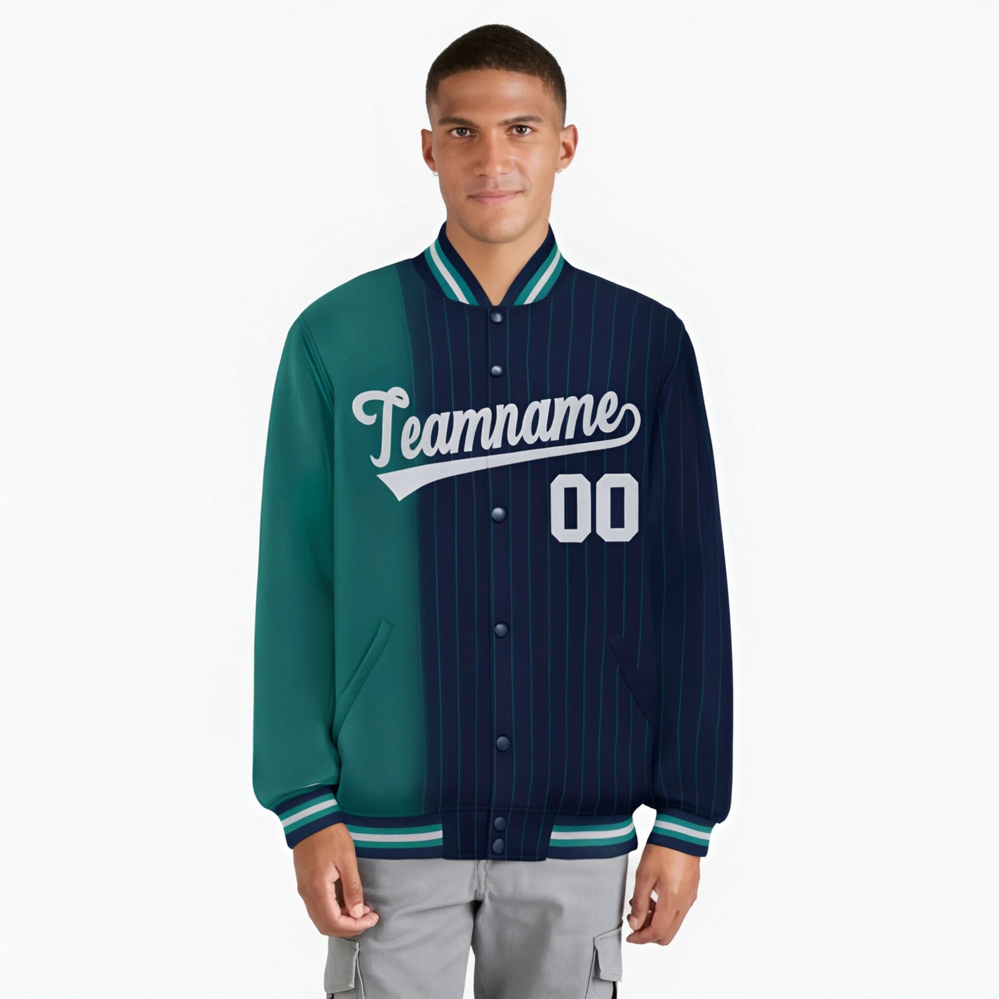 Custom Navy Aqua Pinstripe Gray-Aqua Gradient Fashion Varsity Full-Snap Jacket