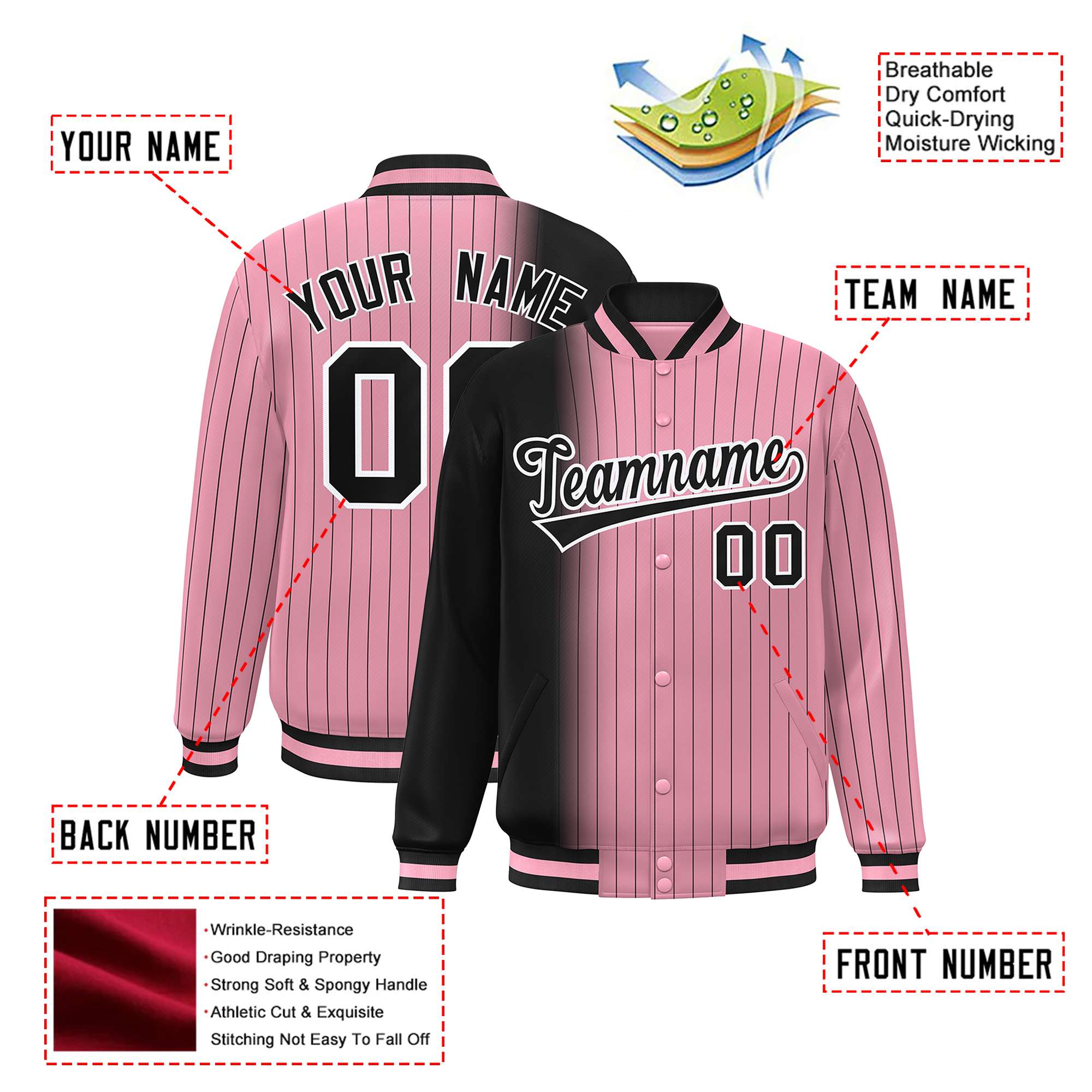 Custom Light Pink Black Pinstripe White-Black Gradient Fashion Varsity Full-Snap Jacket