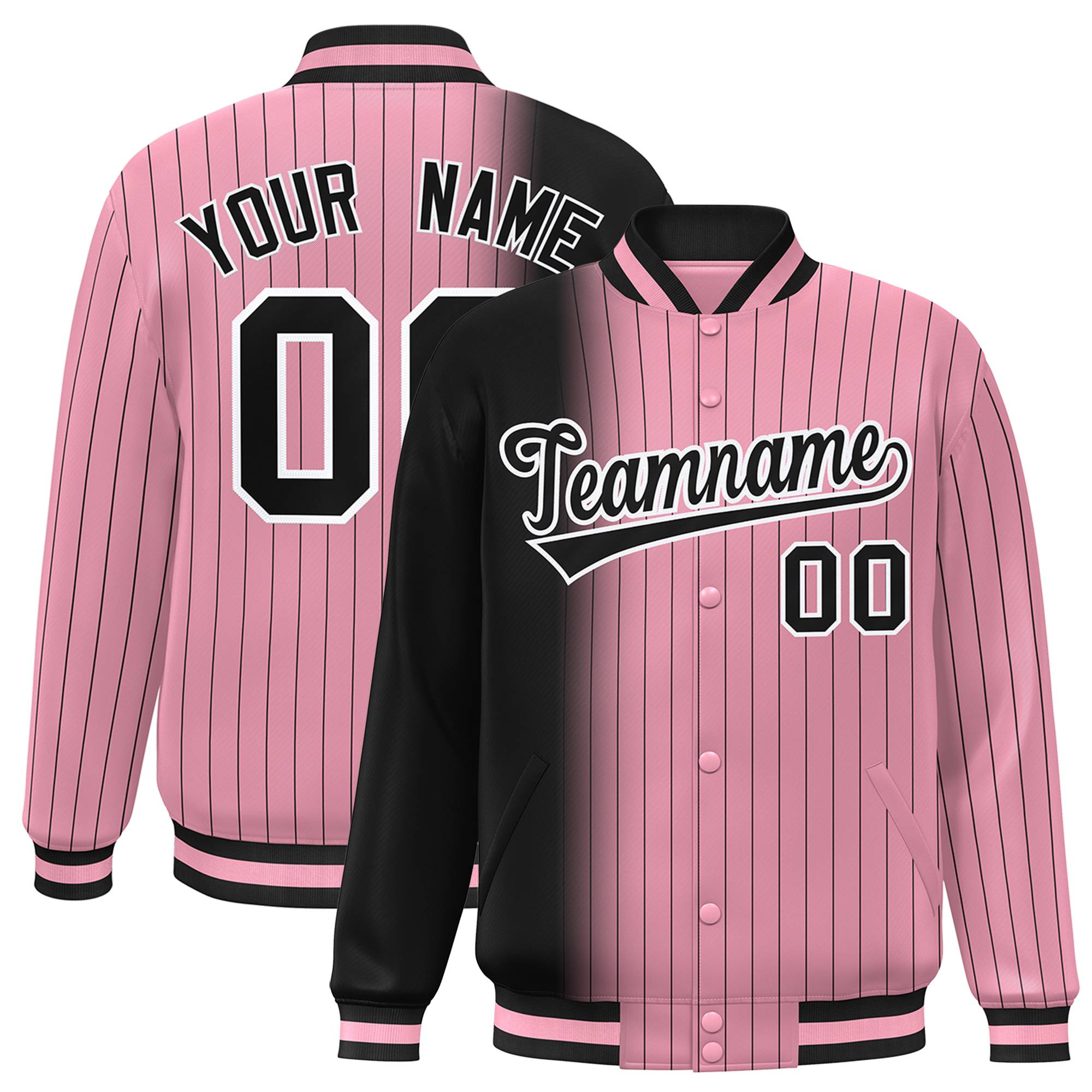 Custom Light Pink Black Pinstripe White-Black Gradient Fashion Varsity Full-Snap Jacket