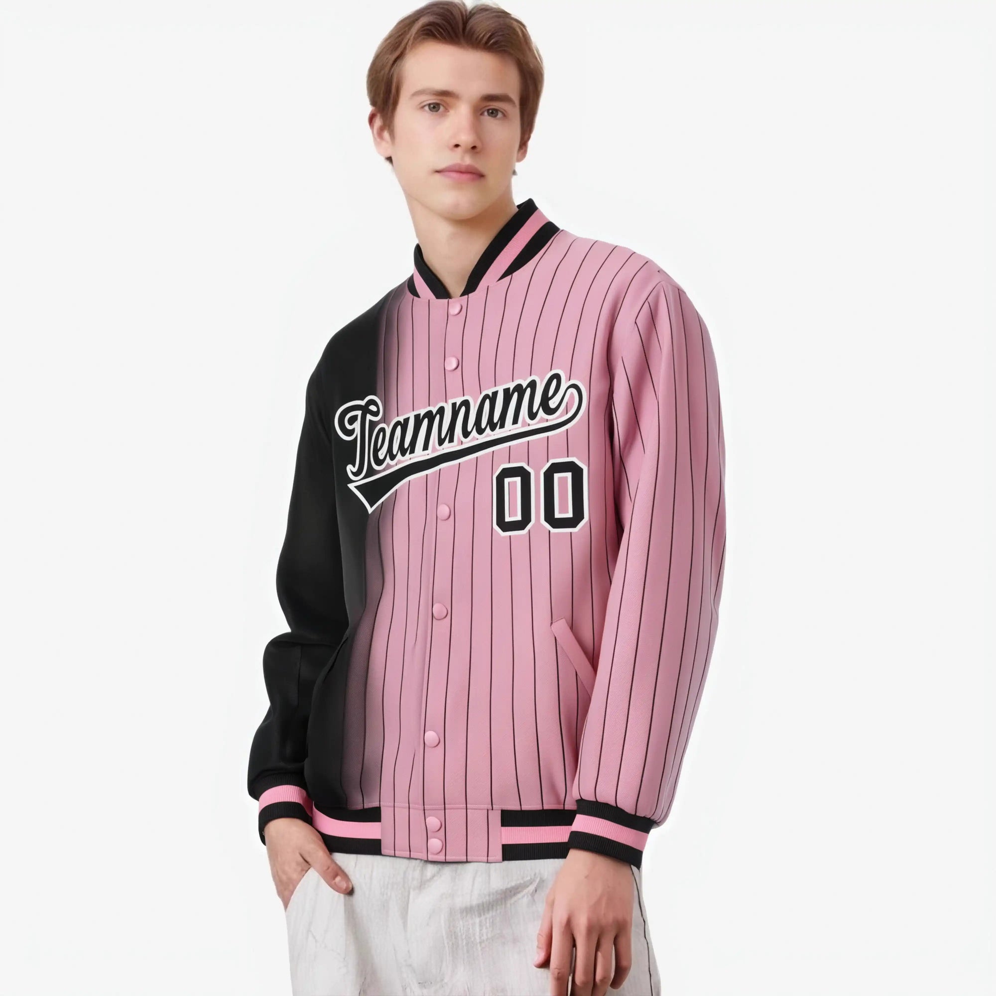 Custom Light Pink Black Pinstripe White-Black Gradient Fashion Varsity Full-Snap Jacket