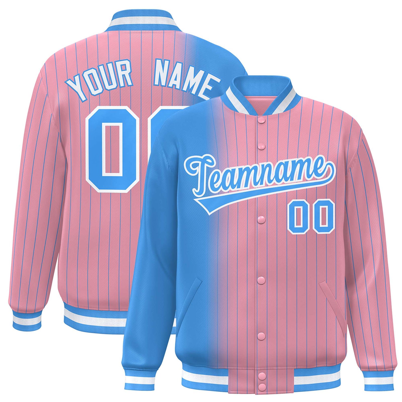 Custom Light Pink Powder-Blue Pinstripe White-Powder Blue Gradient Fashion Varsity Full-Snap Jacket