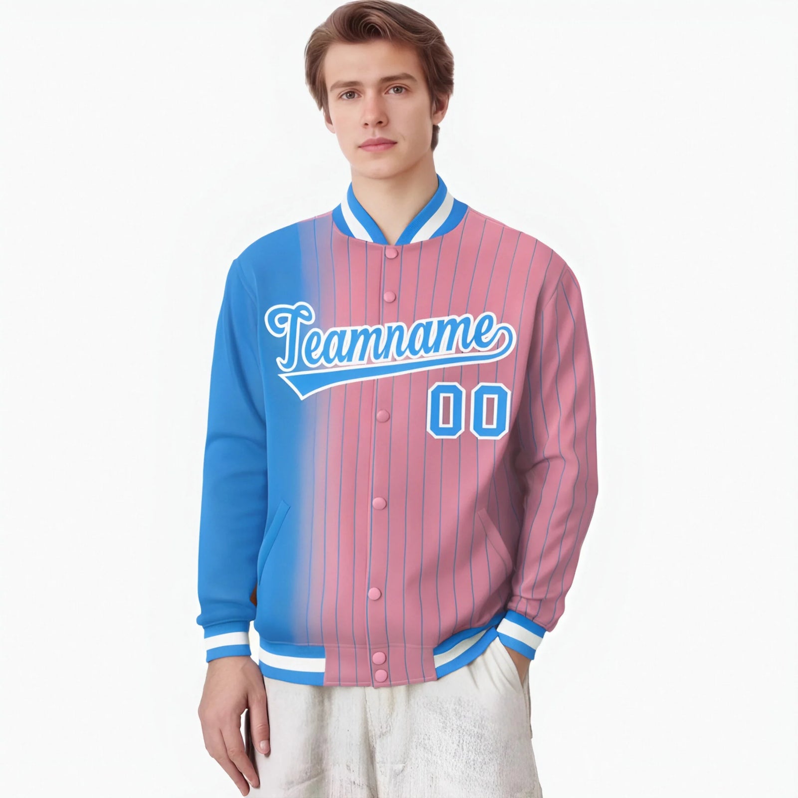 Custom Light Pink Powder-Blue Pinstripe White-Powder Blue Gradient Fashion Varsity Full-Snap Jacket