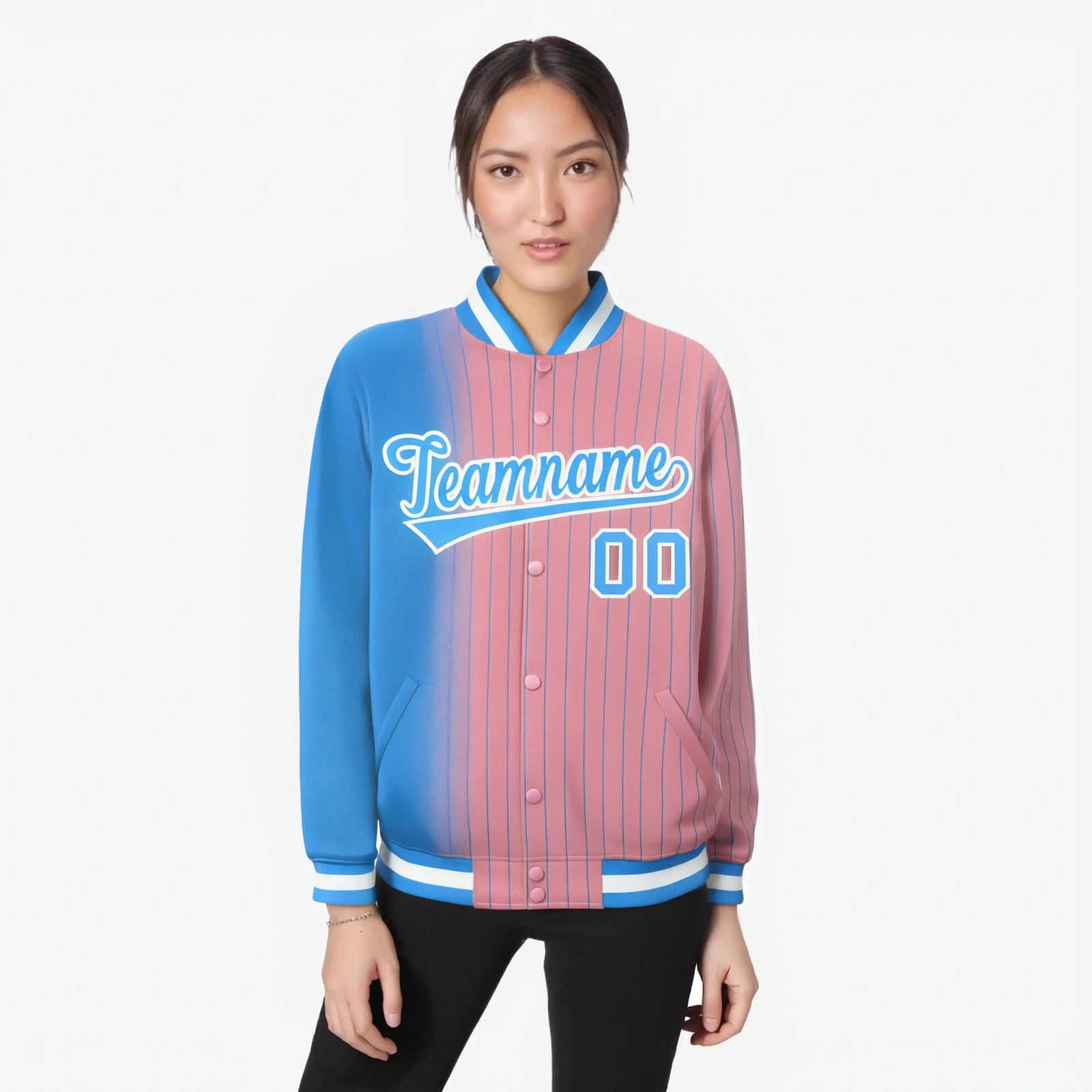 Custom Light Pink Powder-Blue Pinstripe White-Powder Blue Gradient Fashion Varsity Full-Snap Jacket