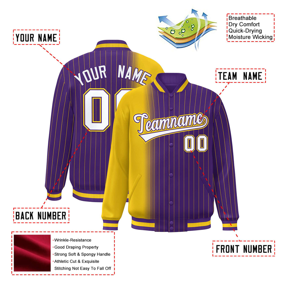 Custom Purple Gold Pinstripe White-Gold Gradient Fashion Varsity Full-Snap Jacket