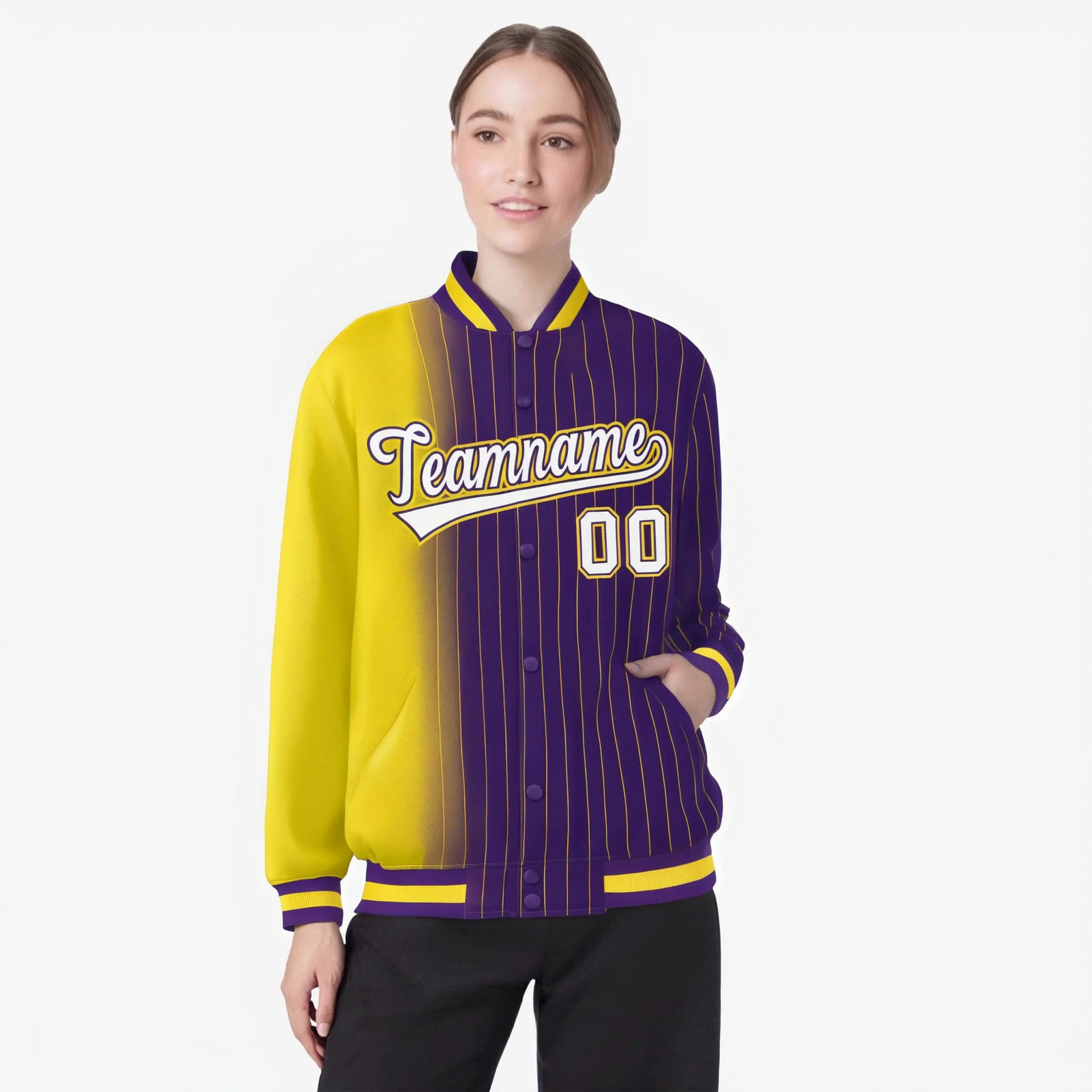Custom Purple Gold Pinstripe White-Gold Gradient Fashion Varsity Full-Snap Jacket