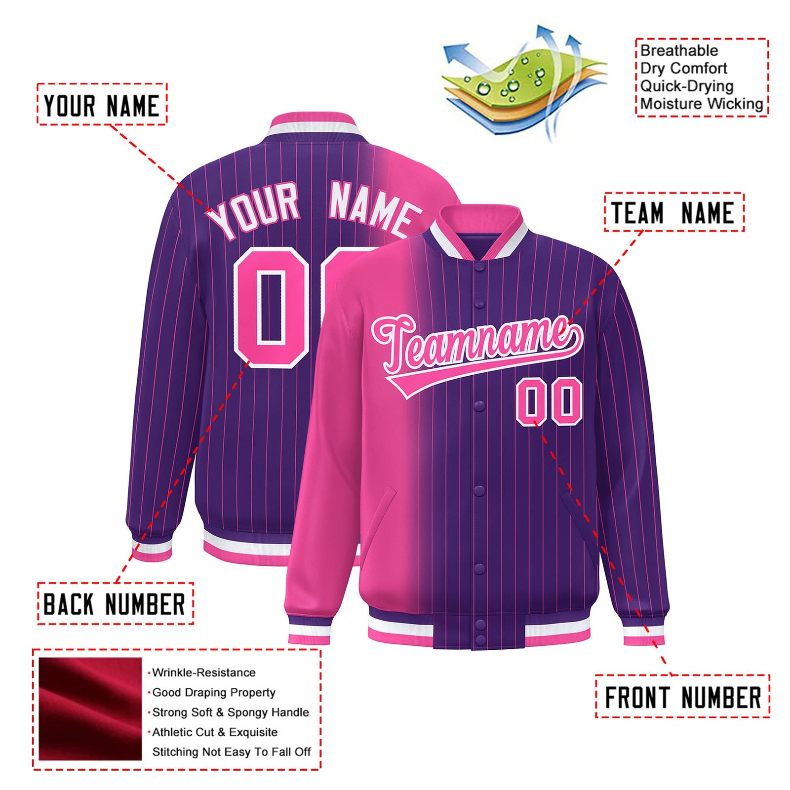 Custom Purple Pink Pinstripe White-Pink Gradient Fashion Varsity Full-Snap Jacket