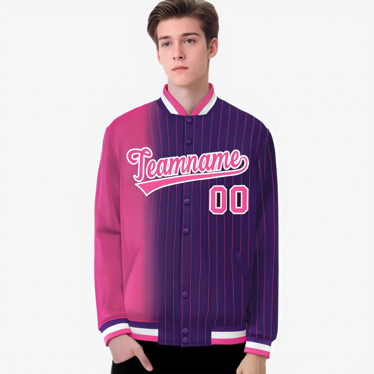 Custom Purple Pink Pinstripe White-Pink Gradient Fashion Varsity Full-Snap Jacket