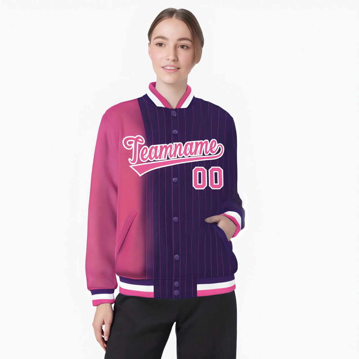 Custom Purple Pink Pinstripe White-Pink Gradient Fashion Varsity Full-Snap Jacket