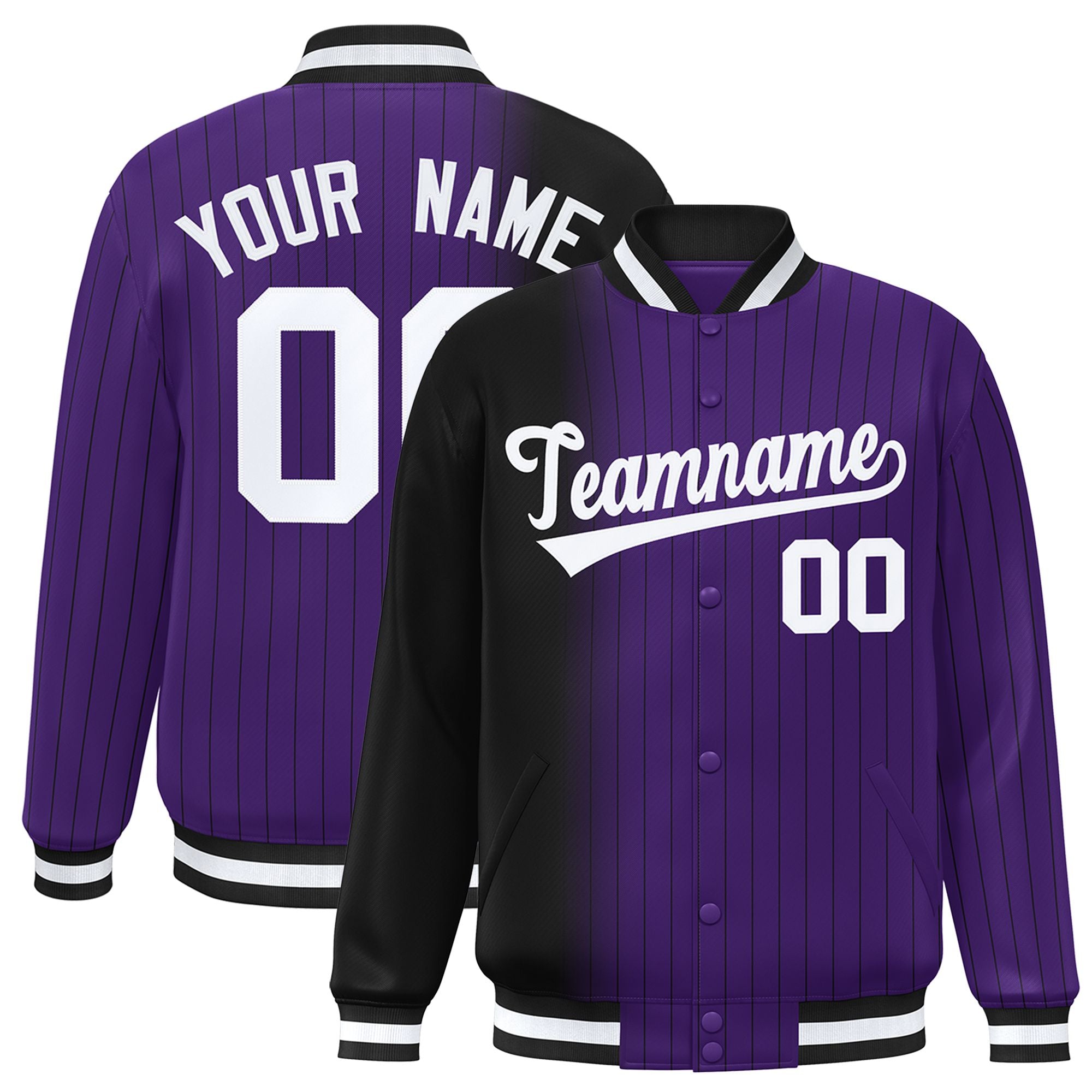 Custom Purple Black Pinstripe White-Black Gradient Fashion Varsity Full-Snap Jacket